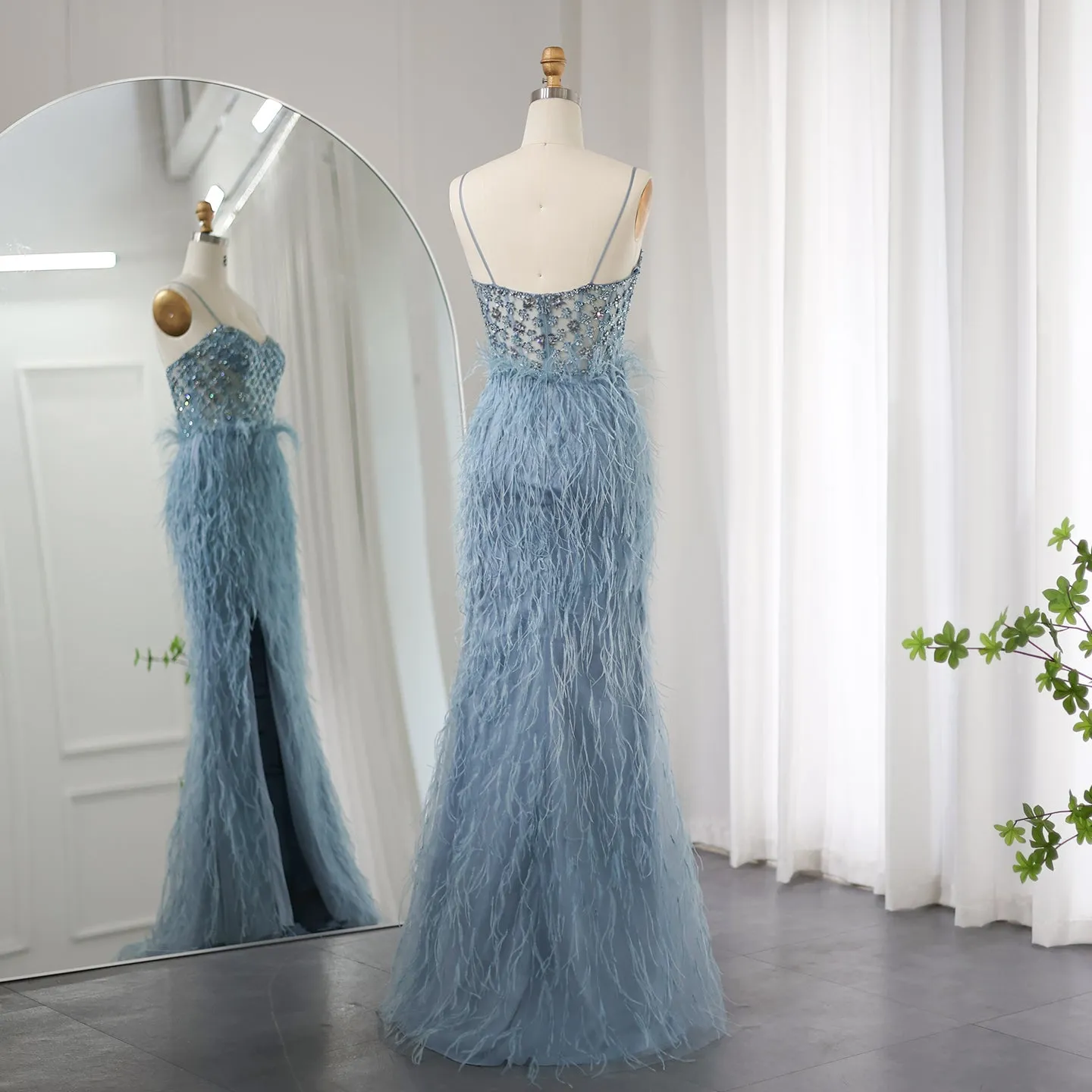 Luxury Feathers Blue Spaghetti Strap Evening Dress SS125