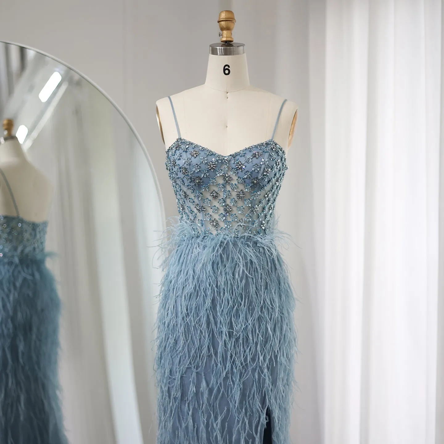 Luxury Feathers Blue Spaghetti Strap Evening Dress SS125