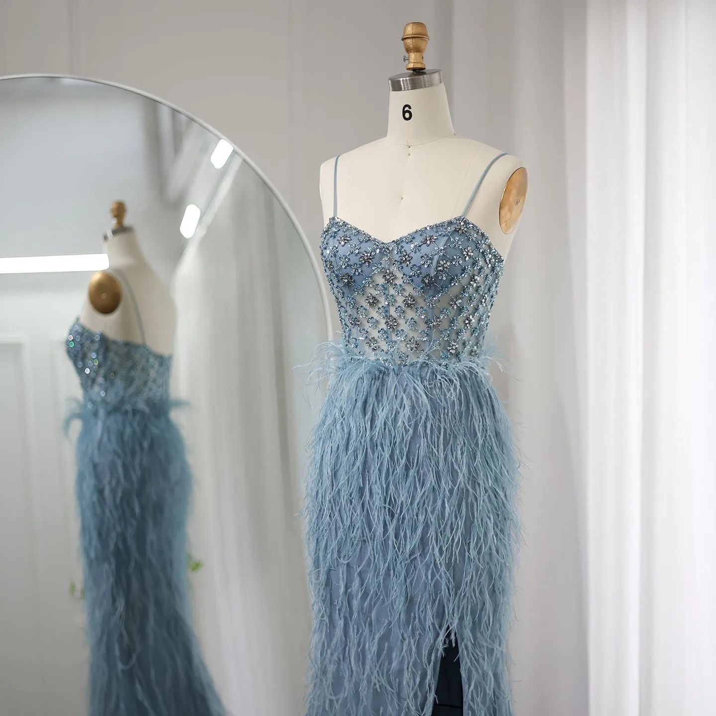 Luxury Feathers Blue Spaghetti Strap Evening Dress SS125