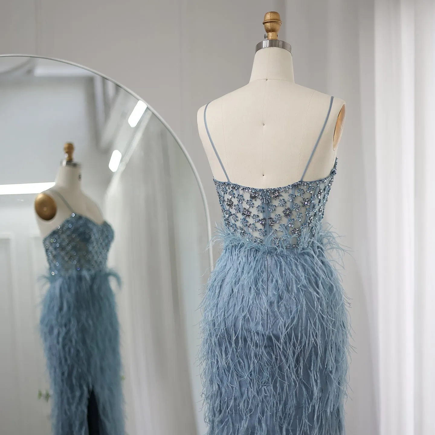 Luxury Feathers Blue Spaghetti Strap Evening Dress SS125