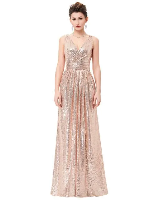 Luxury Gold Silver Long Sequin Evening Dress Pink Double V Neck Cheap Evening Gowns Sleeveless Prom Party Formal Dresses 0199