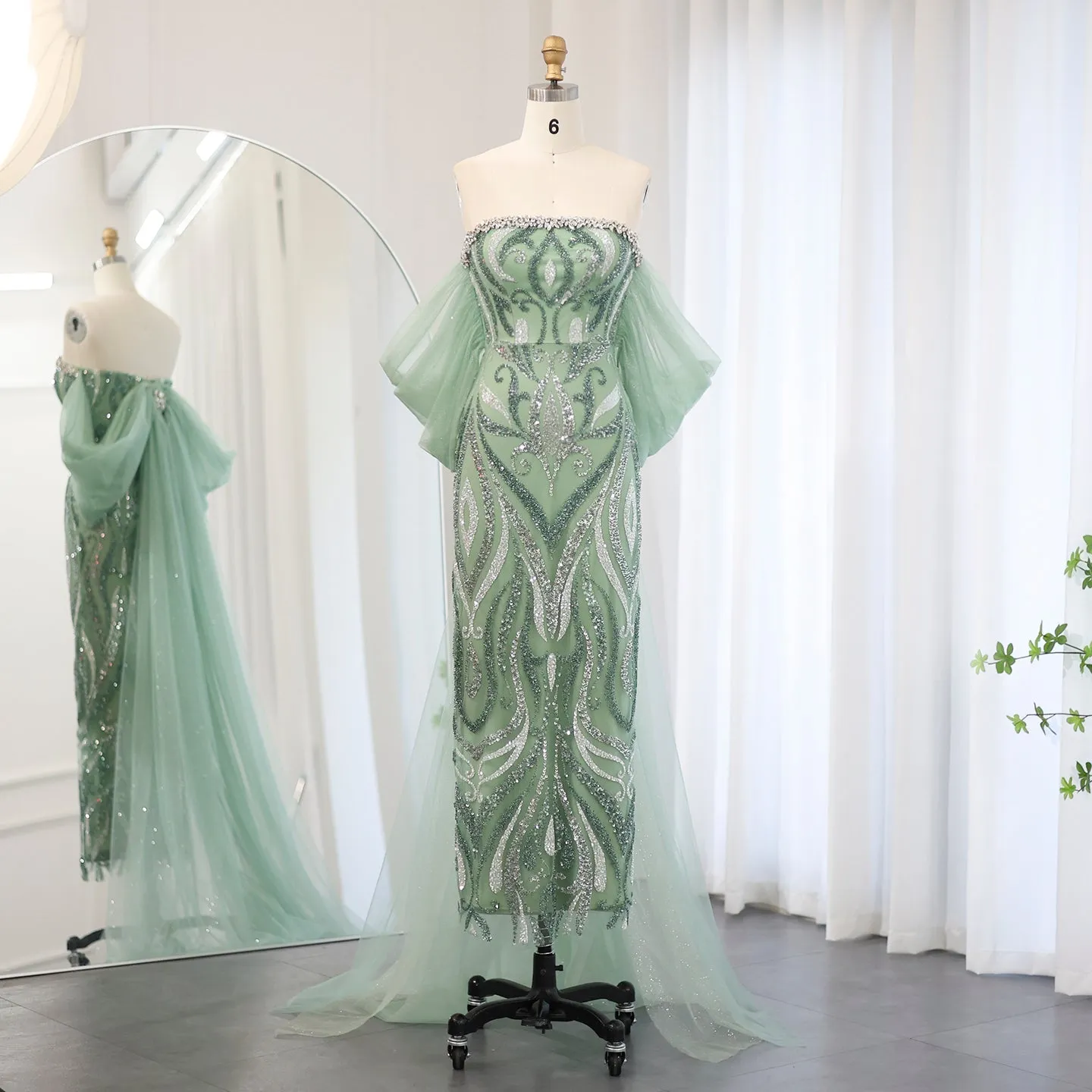 Luxury Strapless Sage Green Evening Dresses with Cape Train SS345