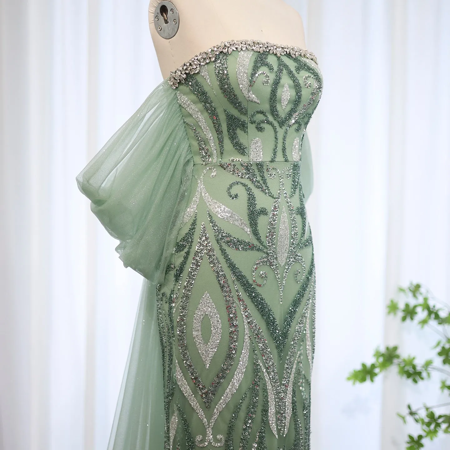 Luxury Strapless Sage Green Evening Dresses with Cape Train SS345