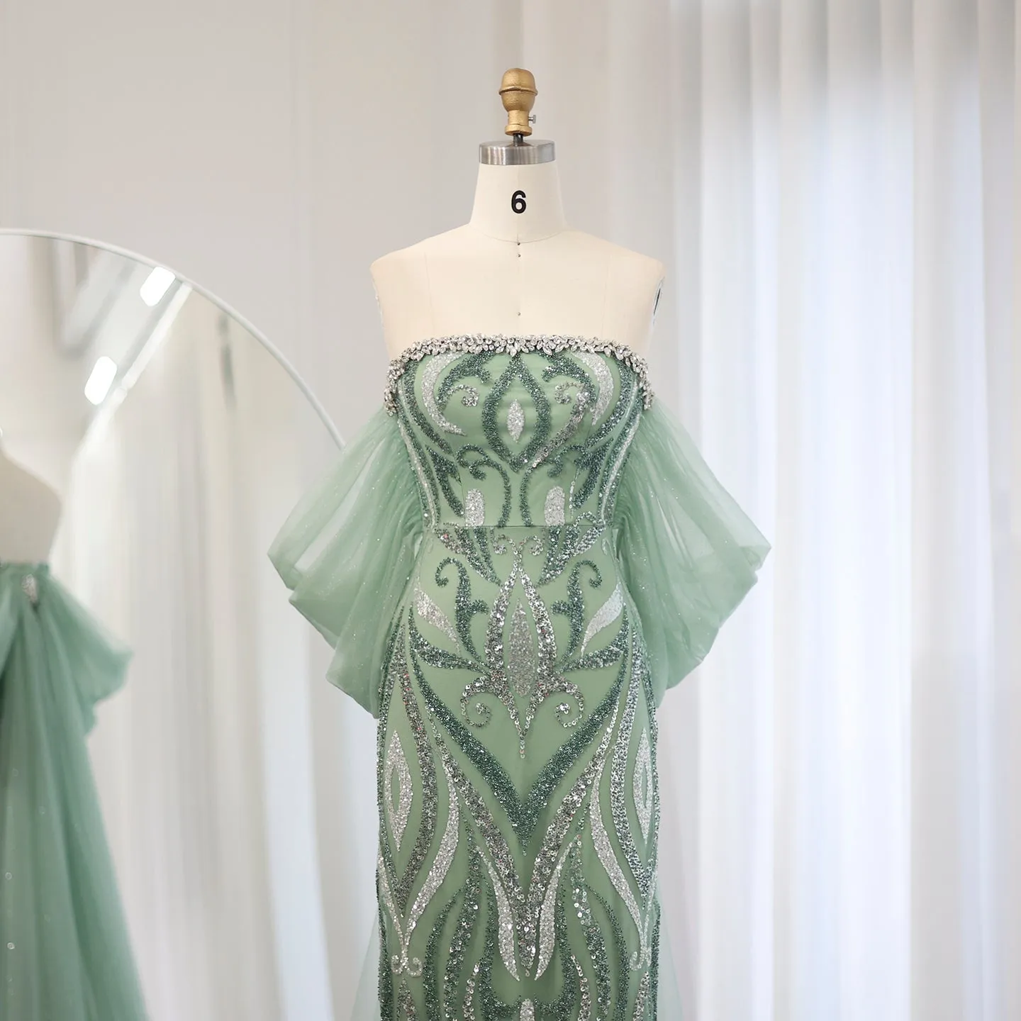 Luxury Strapless Sage Green Evening Dresses with Cape Train SS345