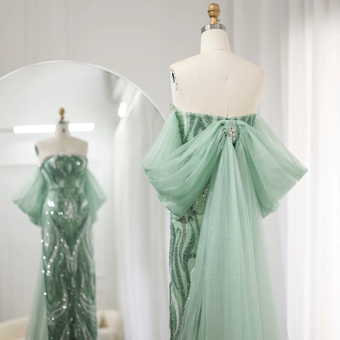 Luxury Strapless Sage Green Evening Dresses with Cape Train SS345