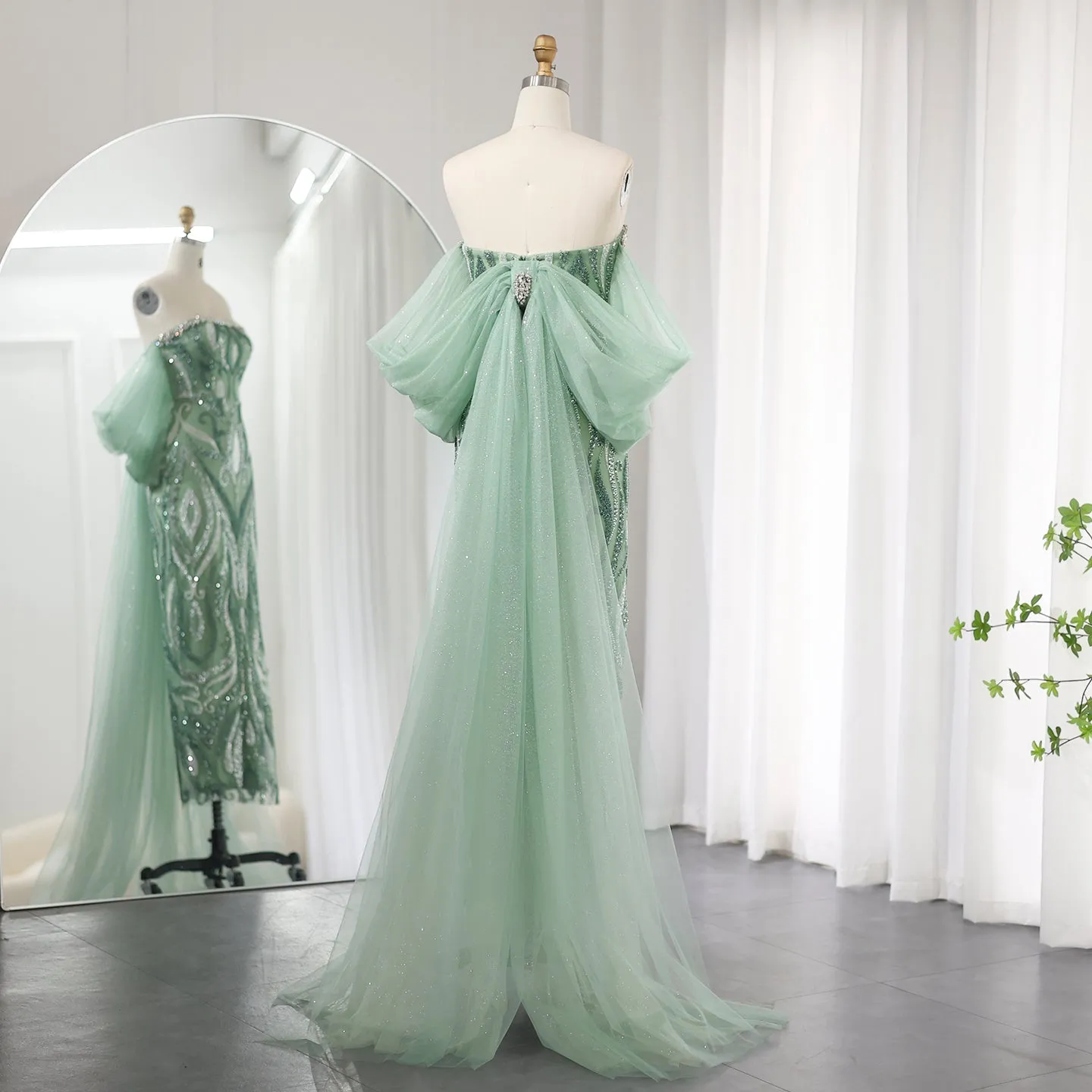 Luxury Strapless Sage Green Evening Dresses with Cape Train SS345