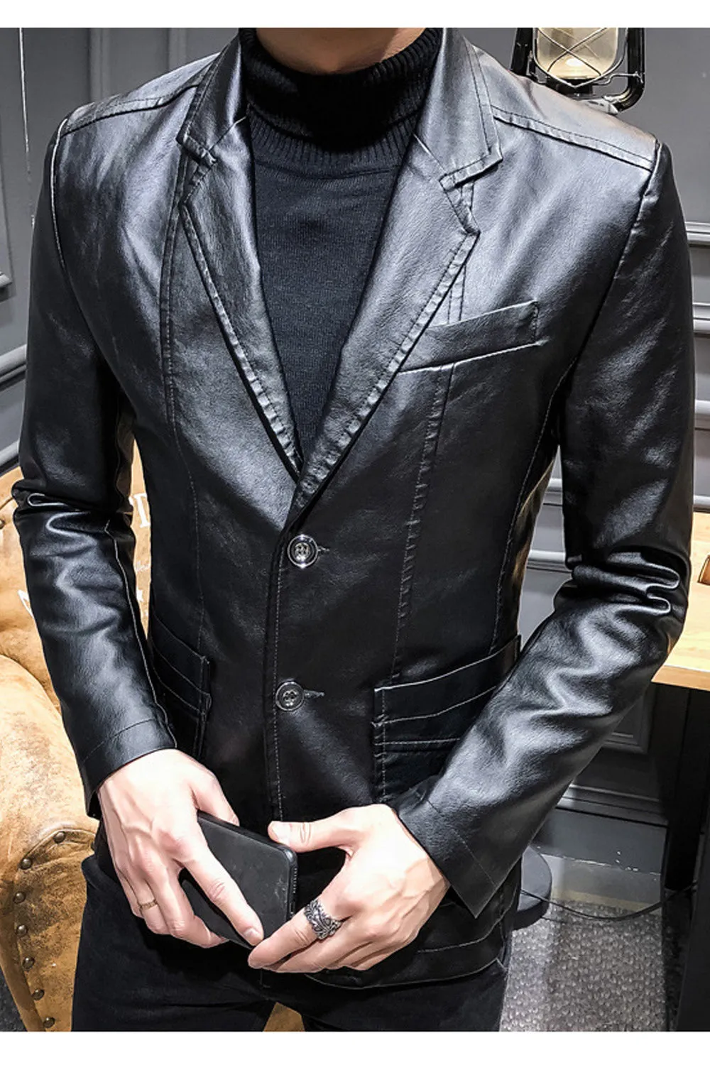 Men Elegant Ultrasmart Button Leather Jacket - MJC15397