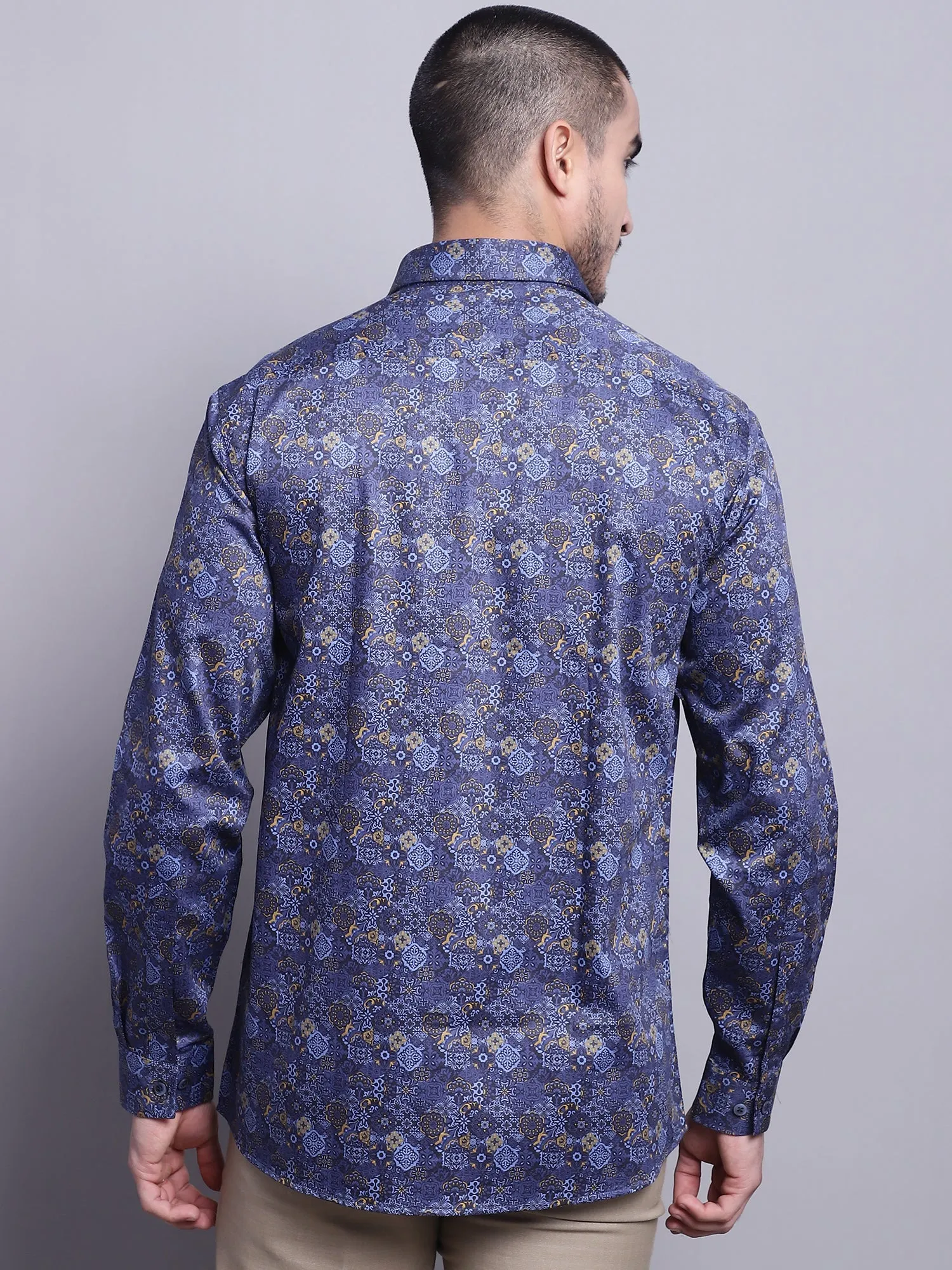 Men's Navy Blue Party Geometric Print Full Sleeve Shirt