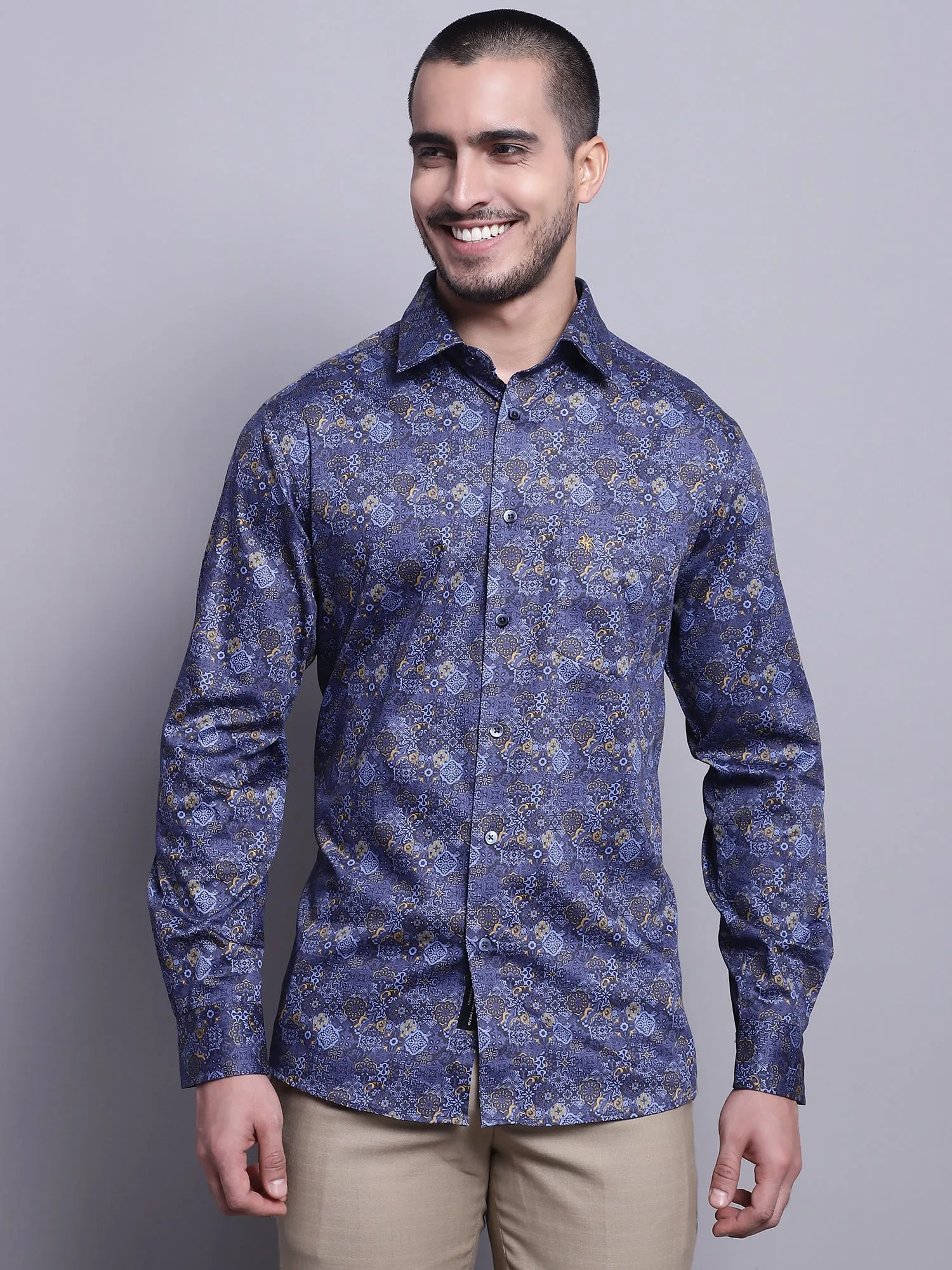 Men's Navy Blue Party Geometric Print Full Sleeve Shirt