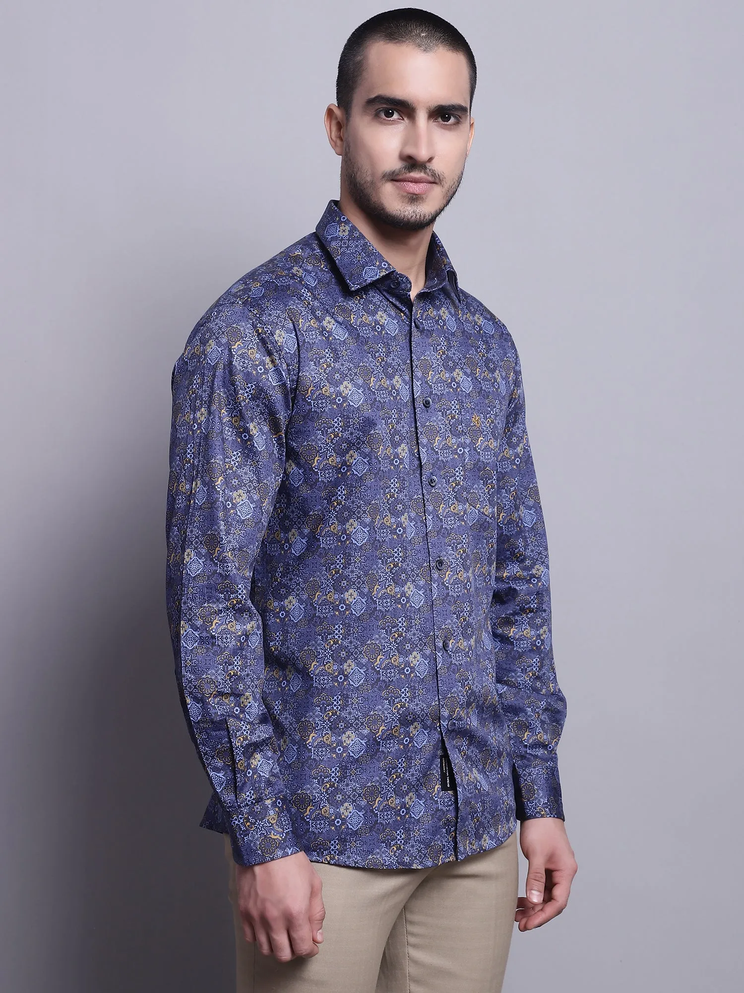 Men's Navy Blue Party Geometric Print Full Sleeve Shirt