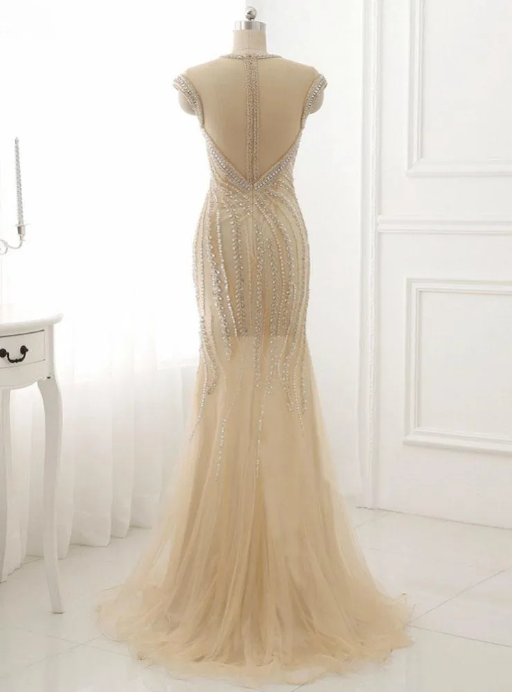 Mermaid Scoop-neck Floor-Length Tulle Rhinestone Evening Dresses ASD27087