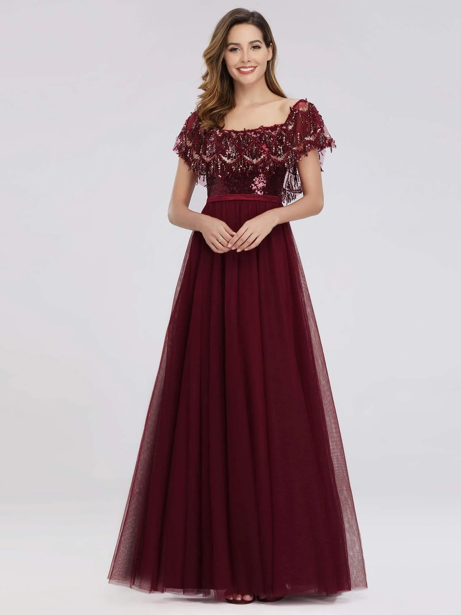 Off the Shoulder Sequin Ruffles Floor-Length Evening Dresses for Women