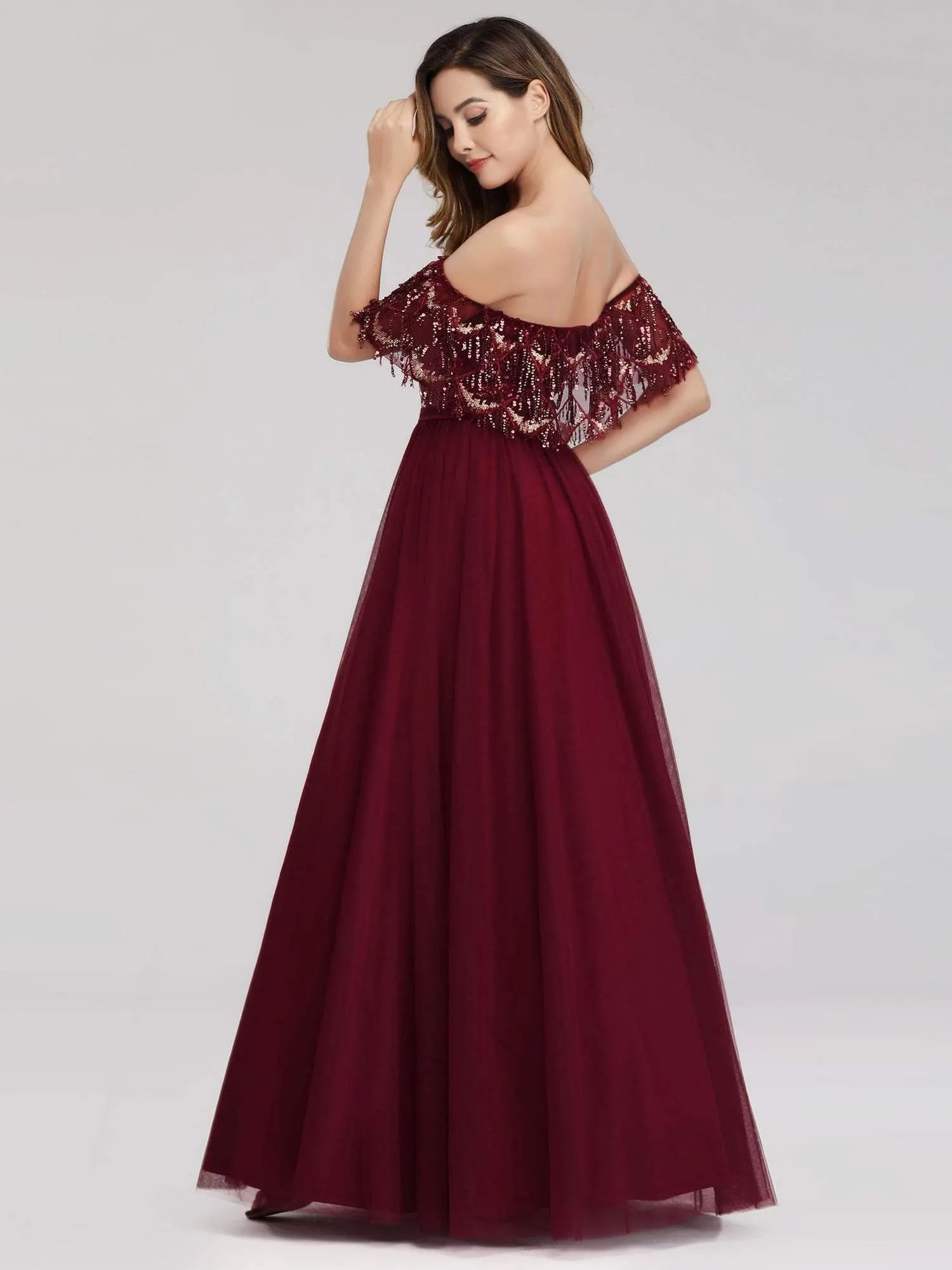 Off the Shoulder Sequin Ruffles Floor-Length Evening Dresses for Women