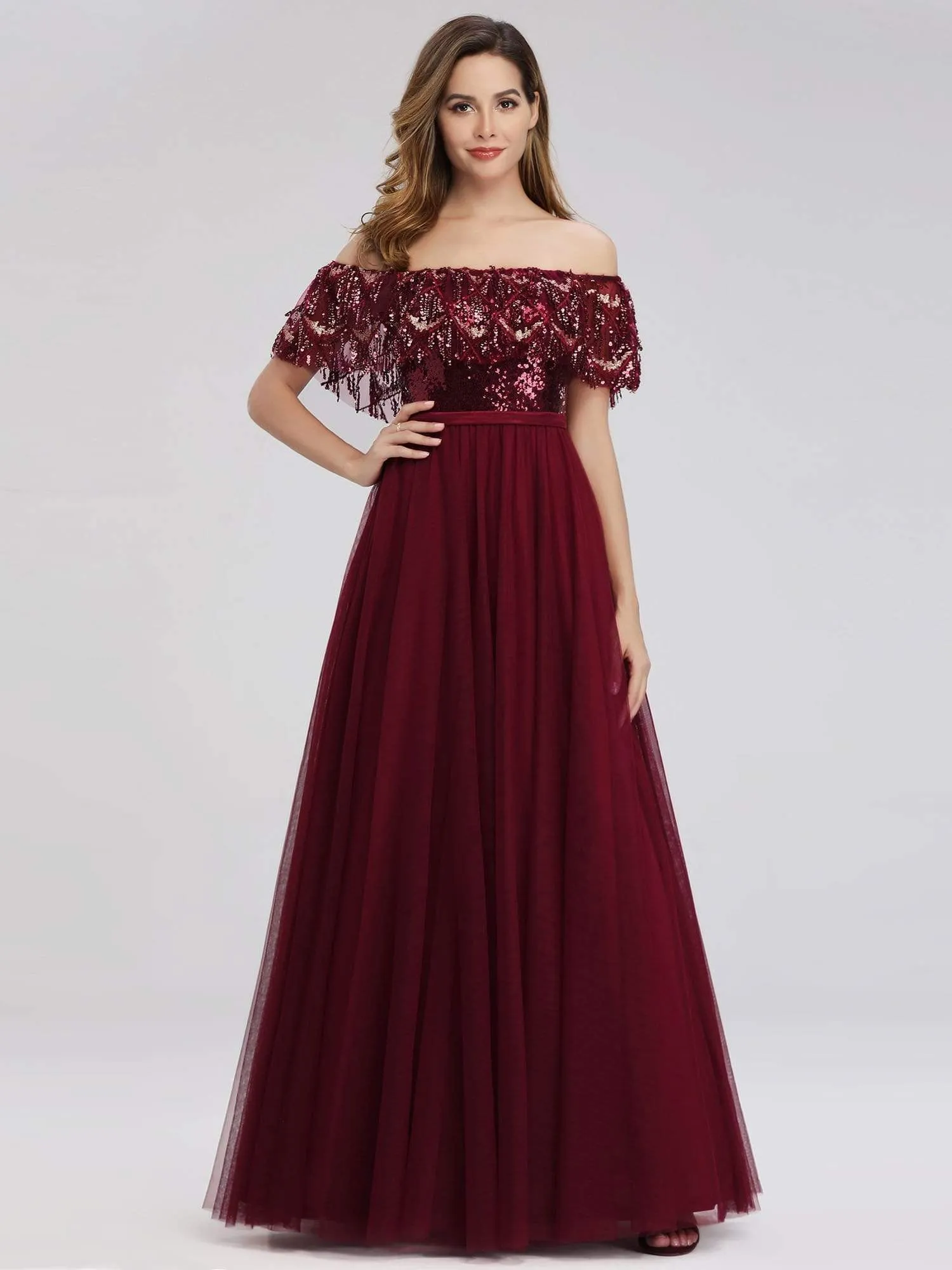 Off the Shoulder Sequin Ruffles Floor-Length Evening Dresses for Women