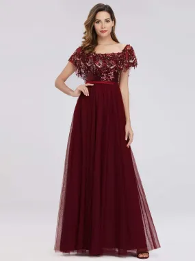 Off the Shoulder Sequin Ruffles Floor-Length Evening Dresses for Women