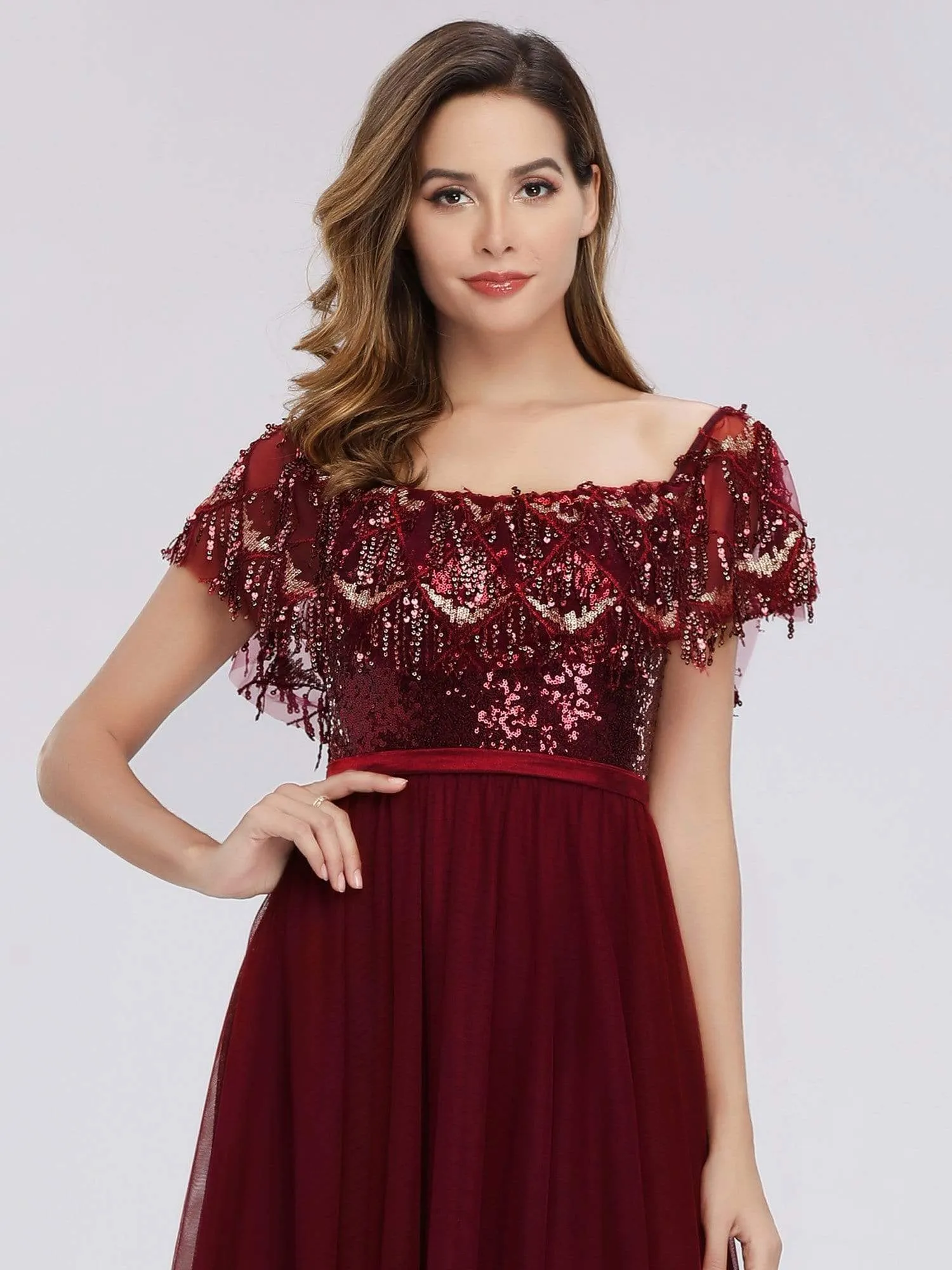 Off the Shoulder Sequin Ruffles Floor-Length Evening Dresses for Women