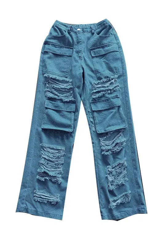 PA004 Ripped Cutout Long Jeans