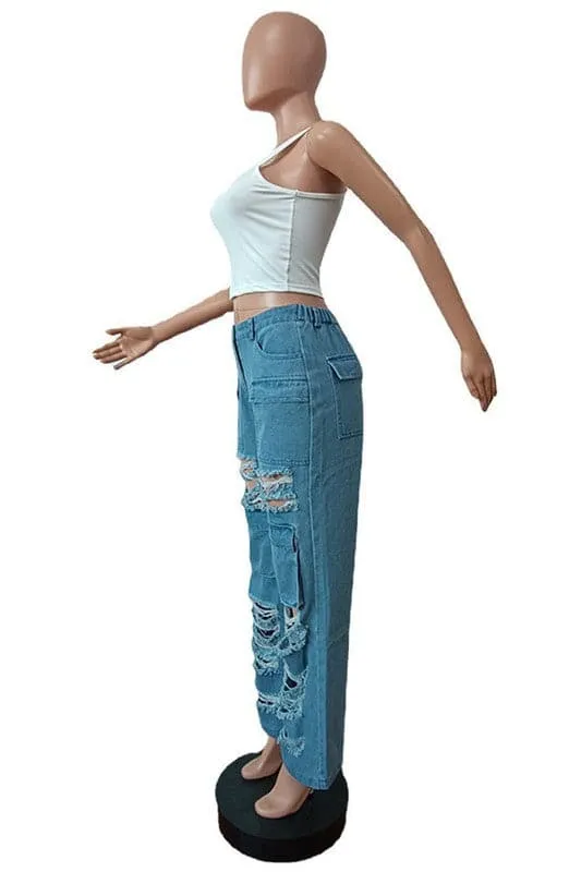 PA004 Ripped Cutout Long Jeans