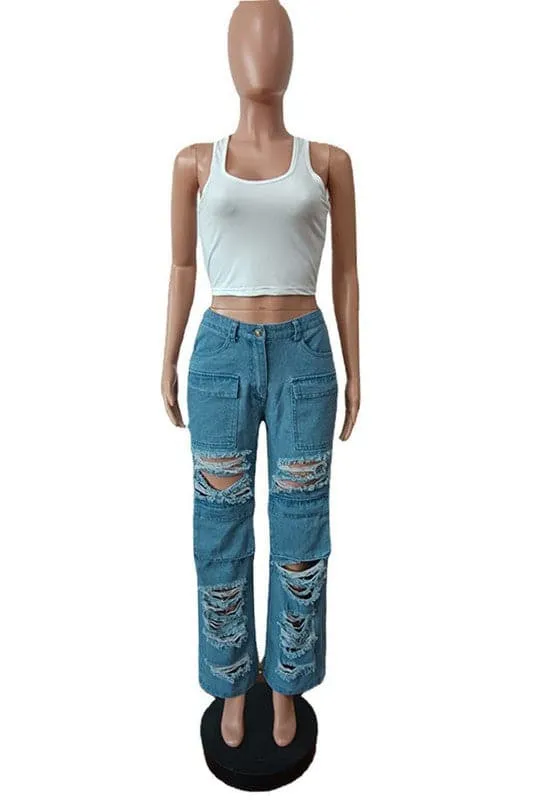 PA004 Ripped Cutout Long Jeans