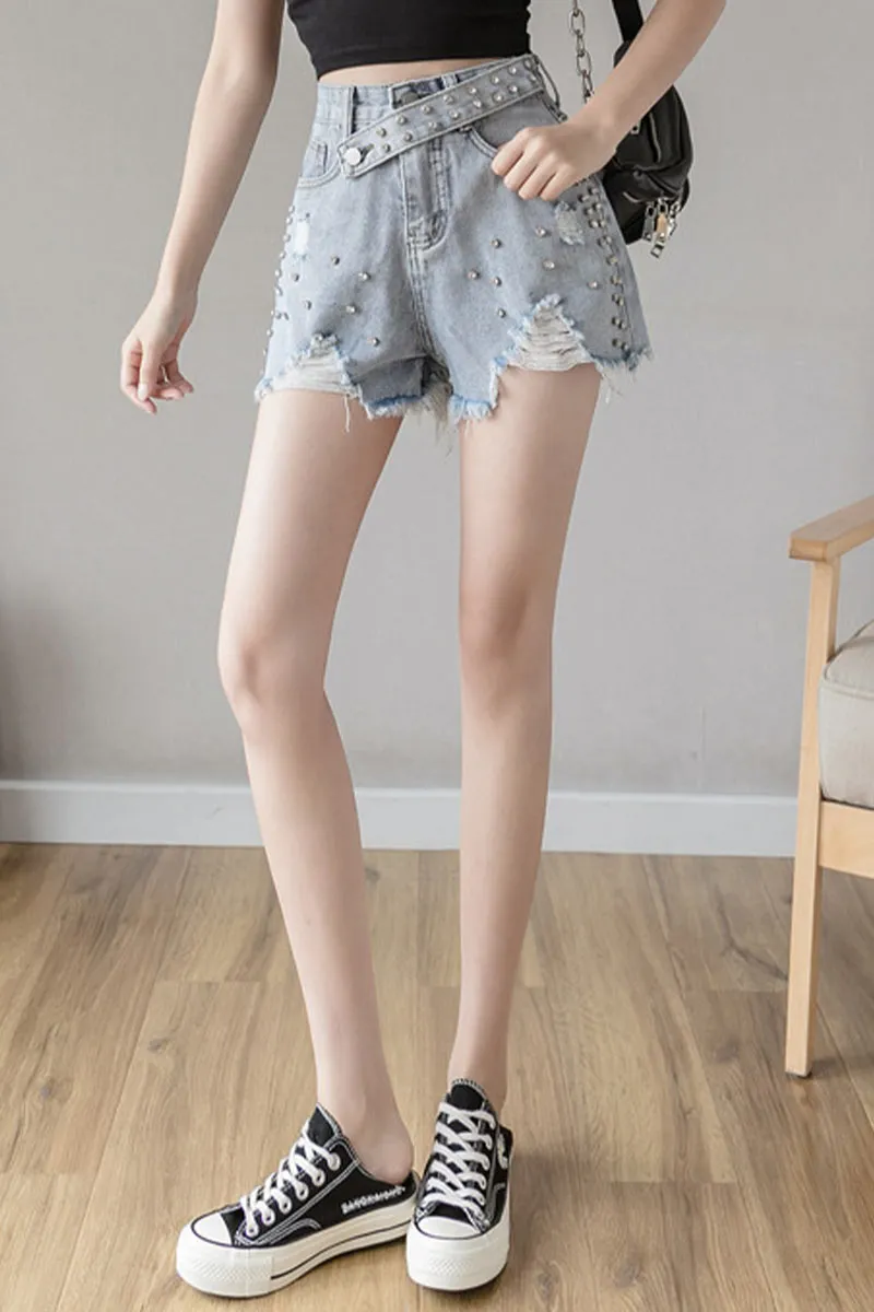 PD136 Rhinestones Denim Shorts