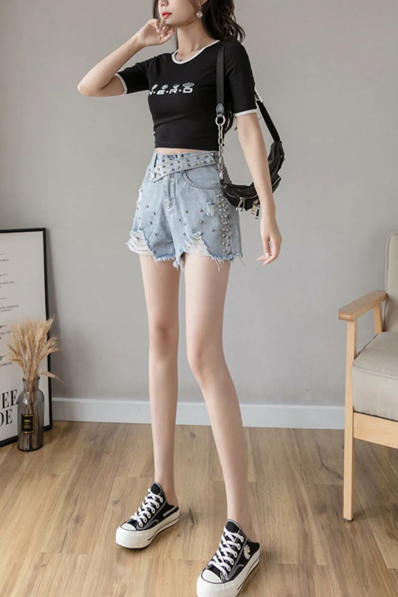 PD136 Rhinestones Denim Shorts