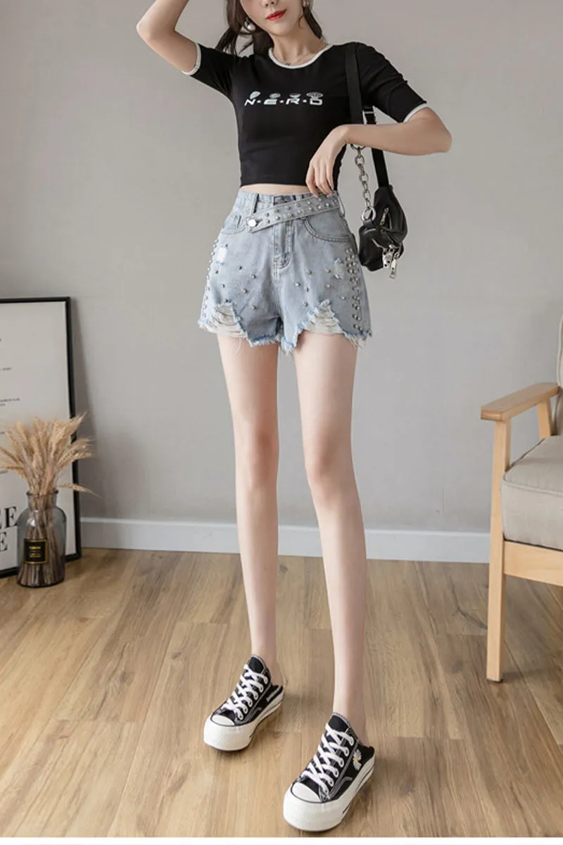 PD136 Rhinestones Denim Shorts