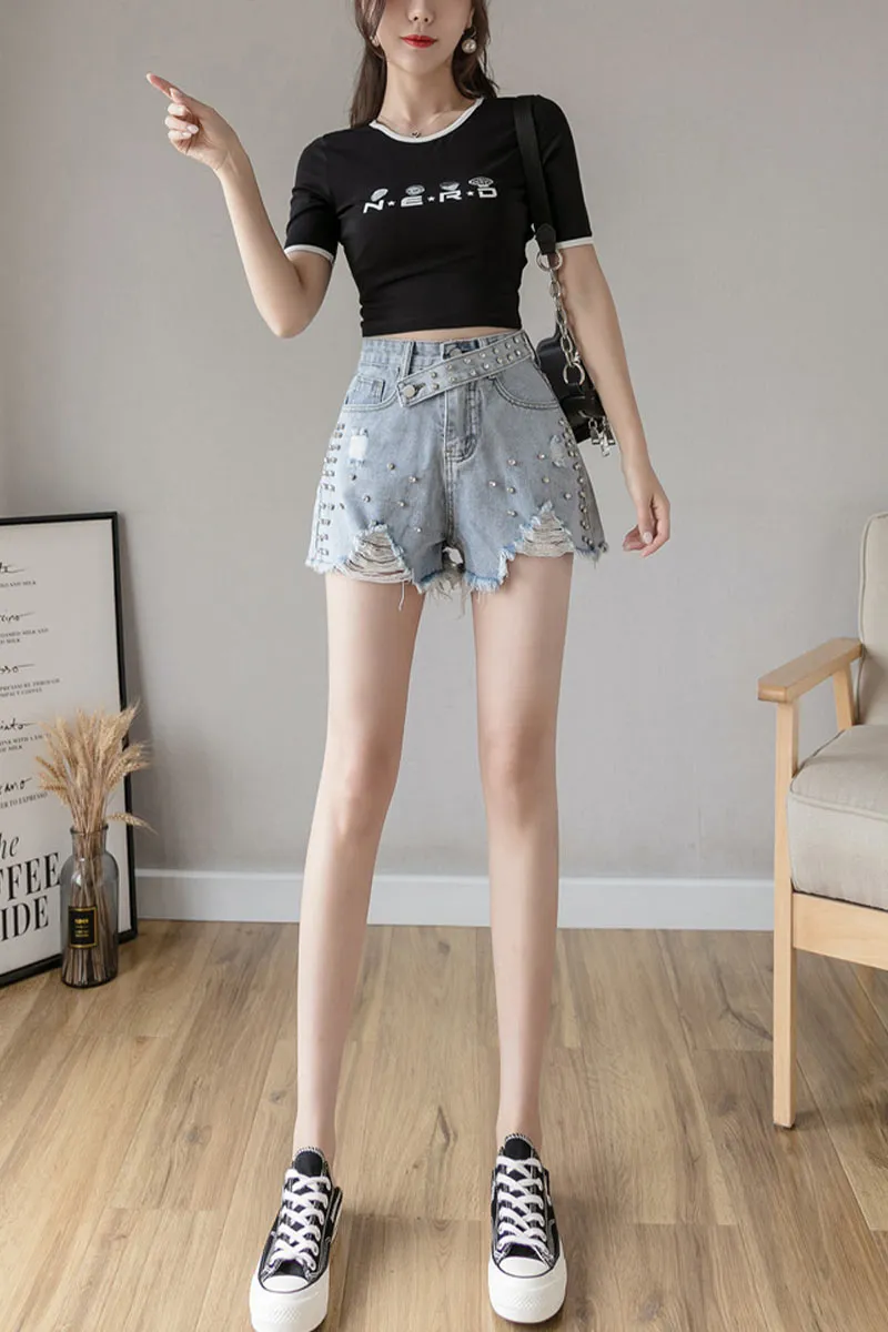 PD136 Rhinestones Denim Shorts