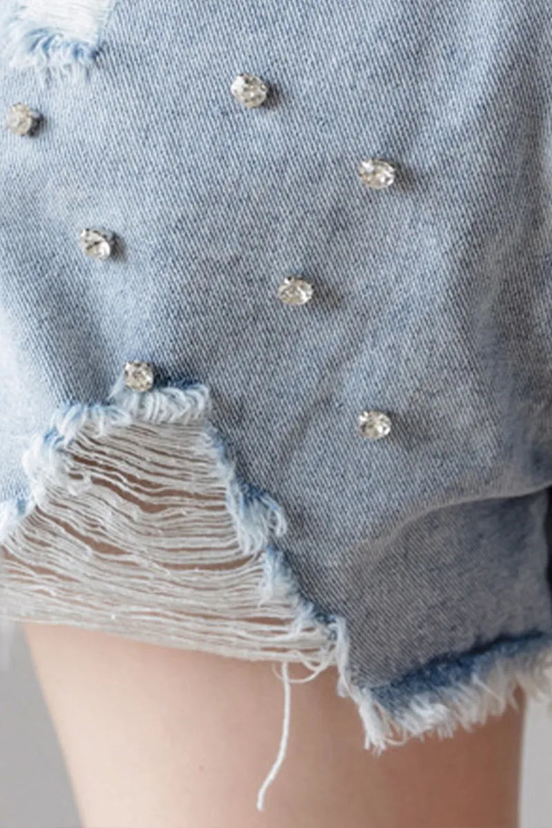 PD136 Rhinestones Denim Shorts