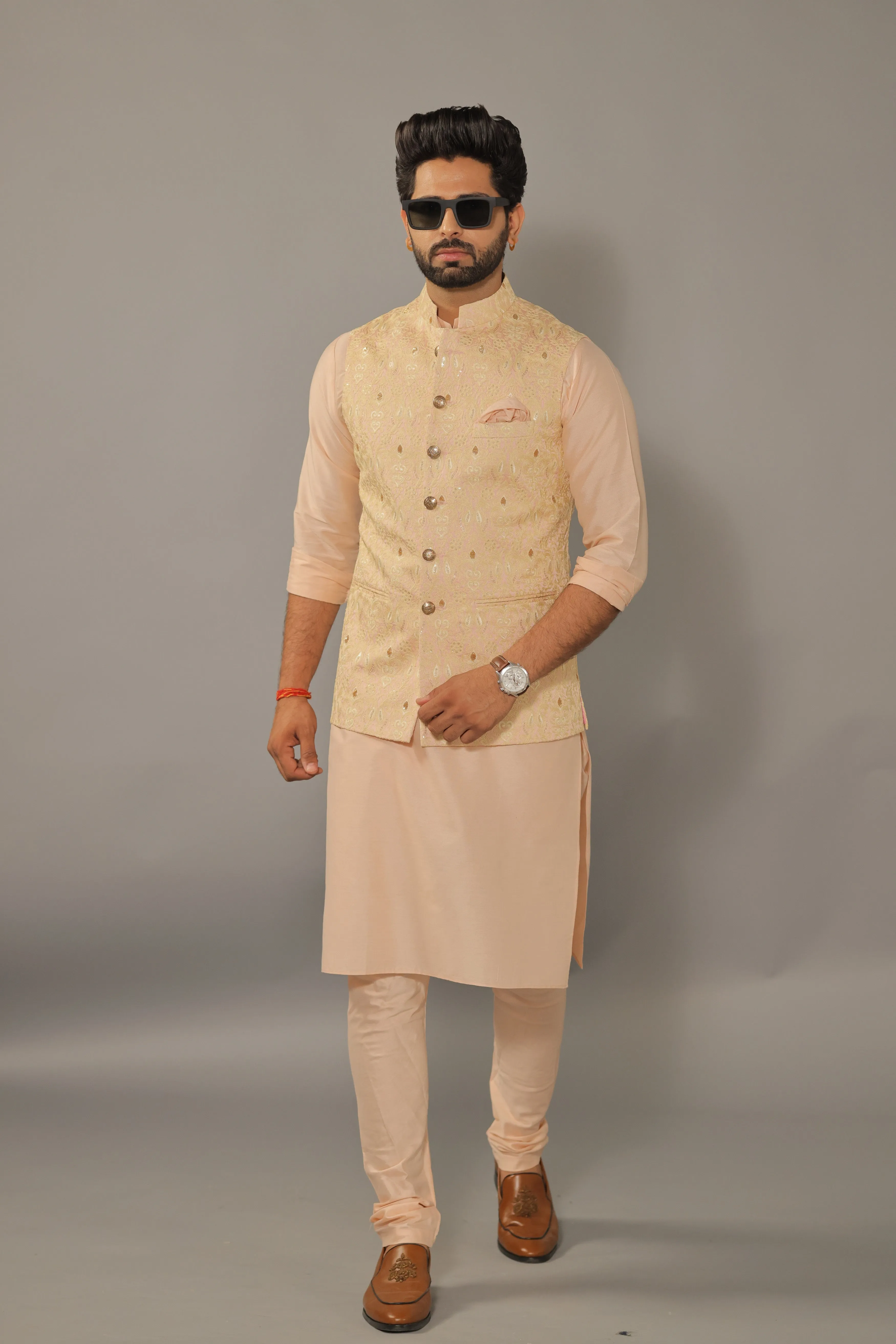 Peach Kurta Pajama Set with Luckhnawi Embroidery Peach Color Nehru Jacket - Handcrafted