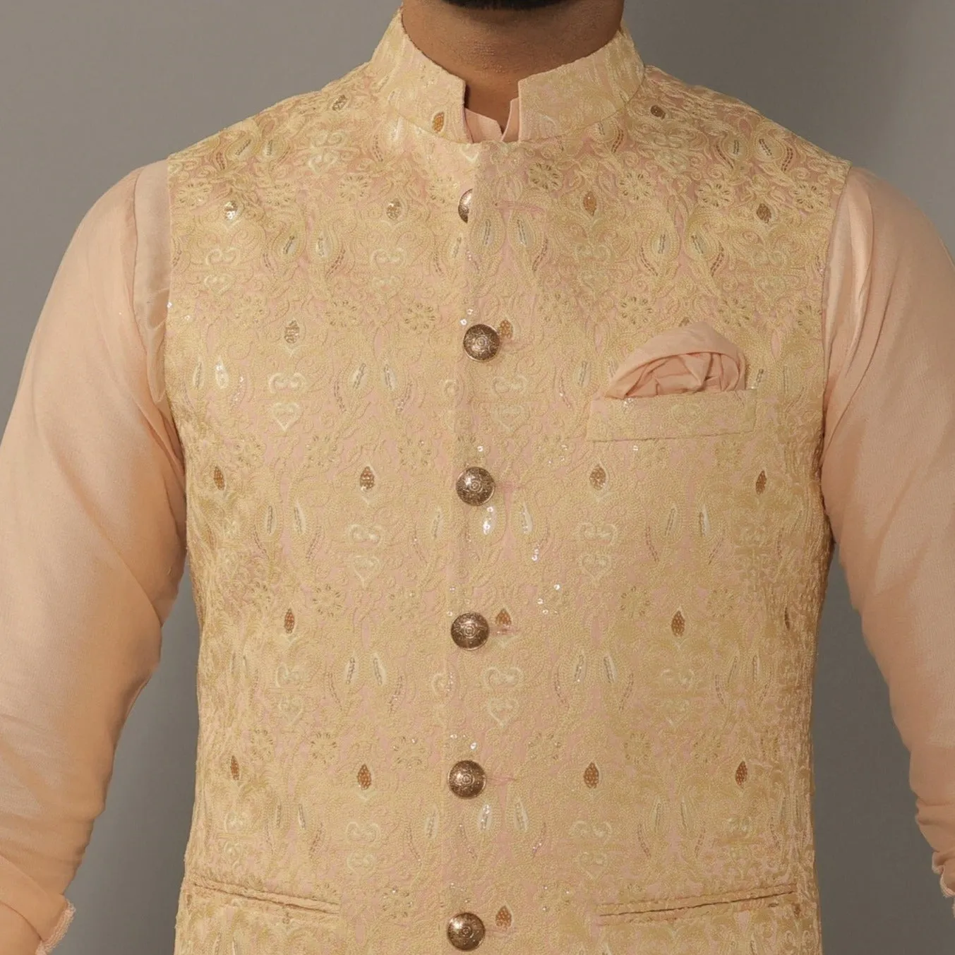 Peach Kurta Pajama Set with Luckhnawi Embroidery Peach Color Nehru Jacket - Handcrafted