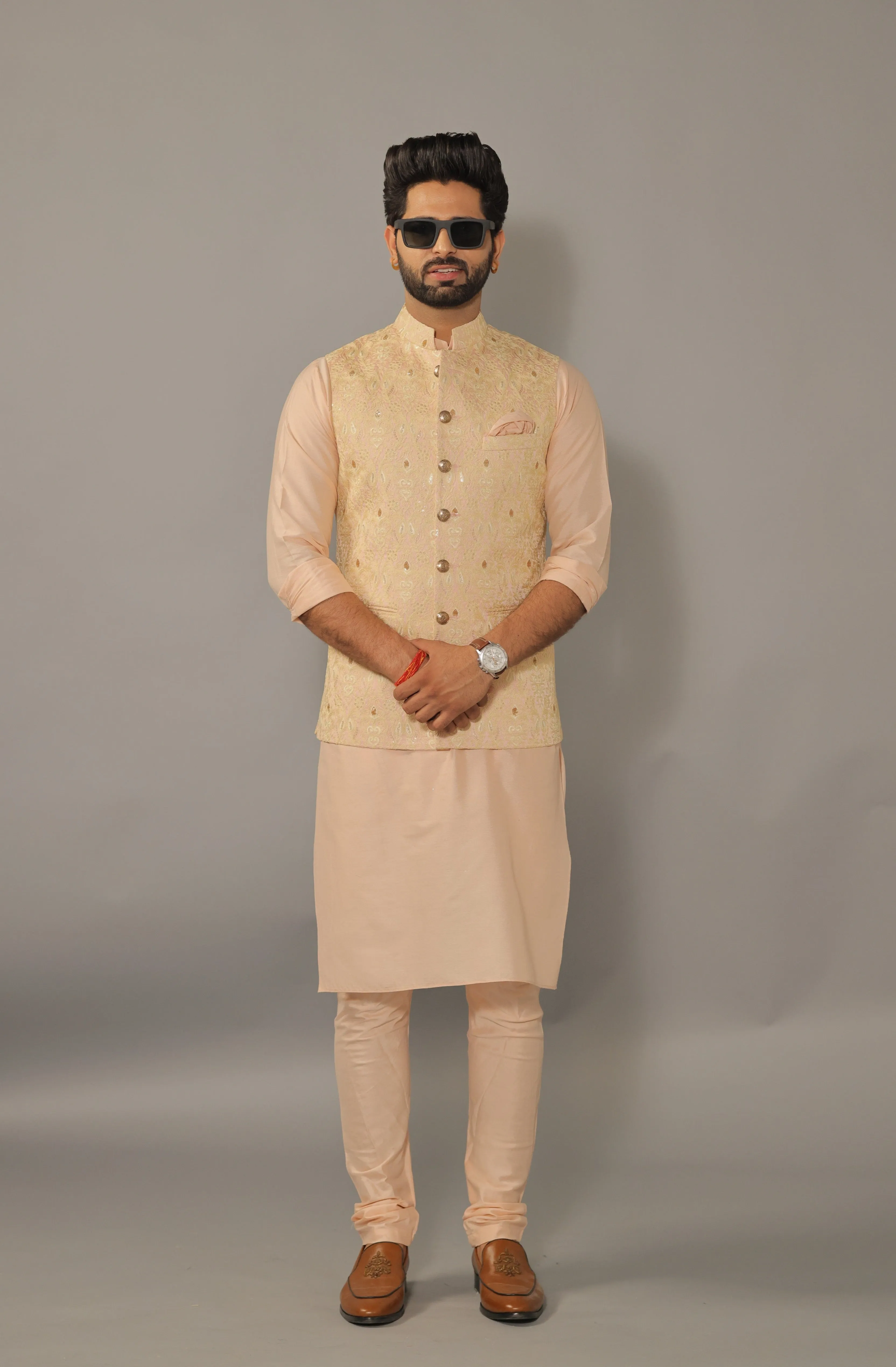 Peach Kurta Pajama Set with Luckhnawi Embroidery Peach Color Nehru Jacket - Handcrafted