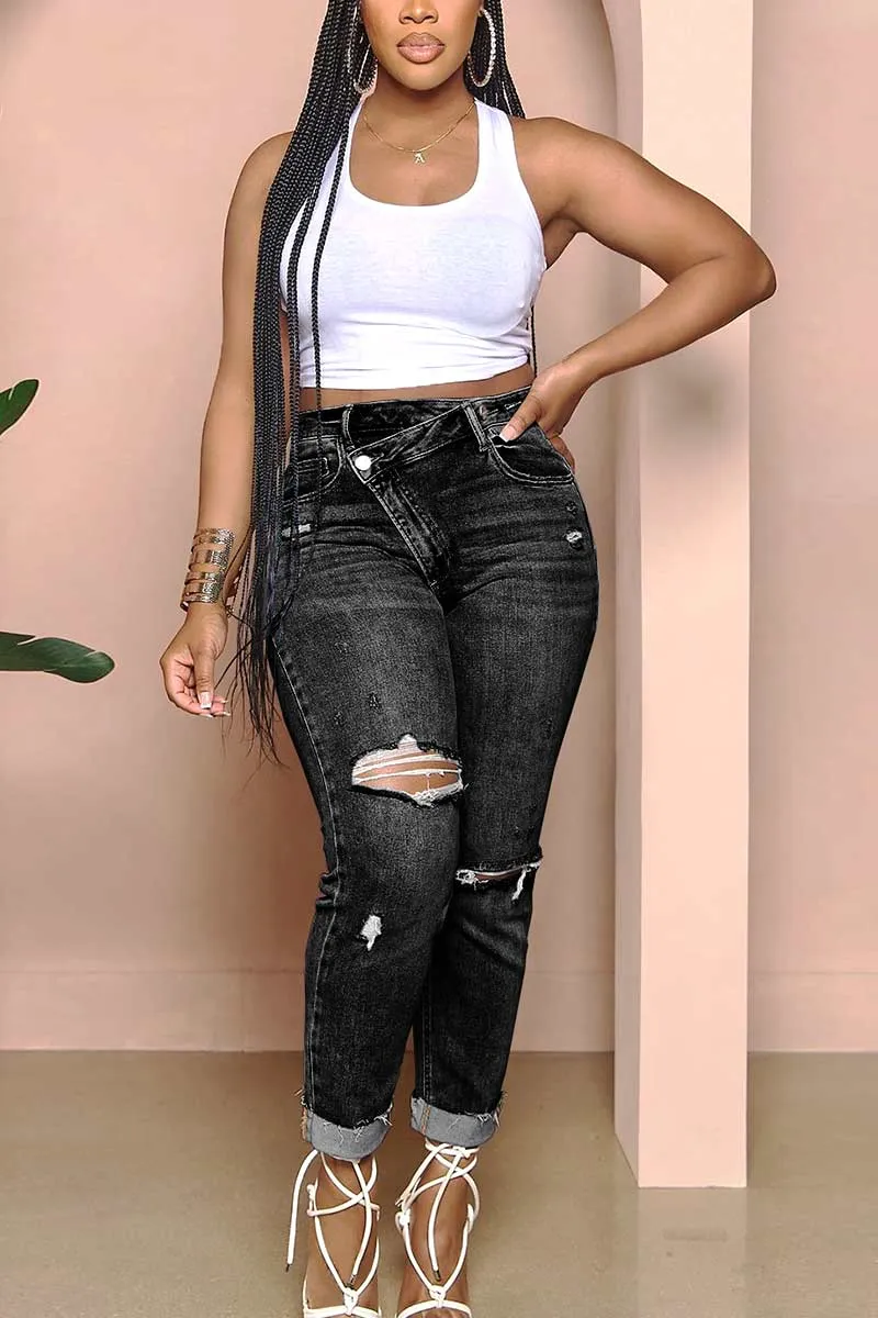 PH798 Ripped Buckle Denim Pants