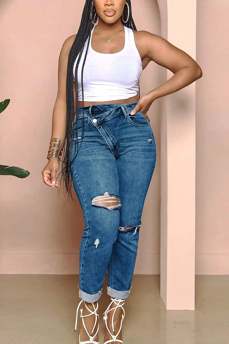 PH798 Ripped Buckle Denim Pants