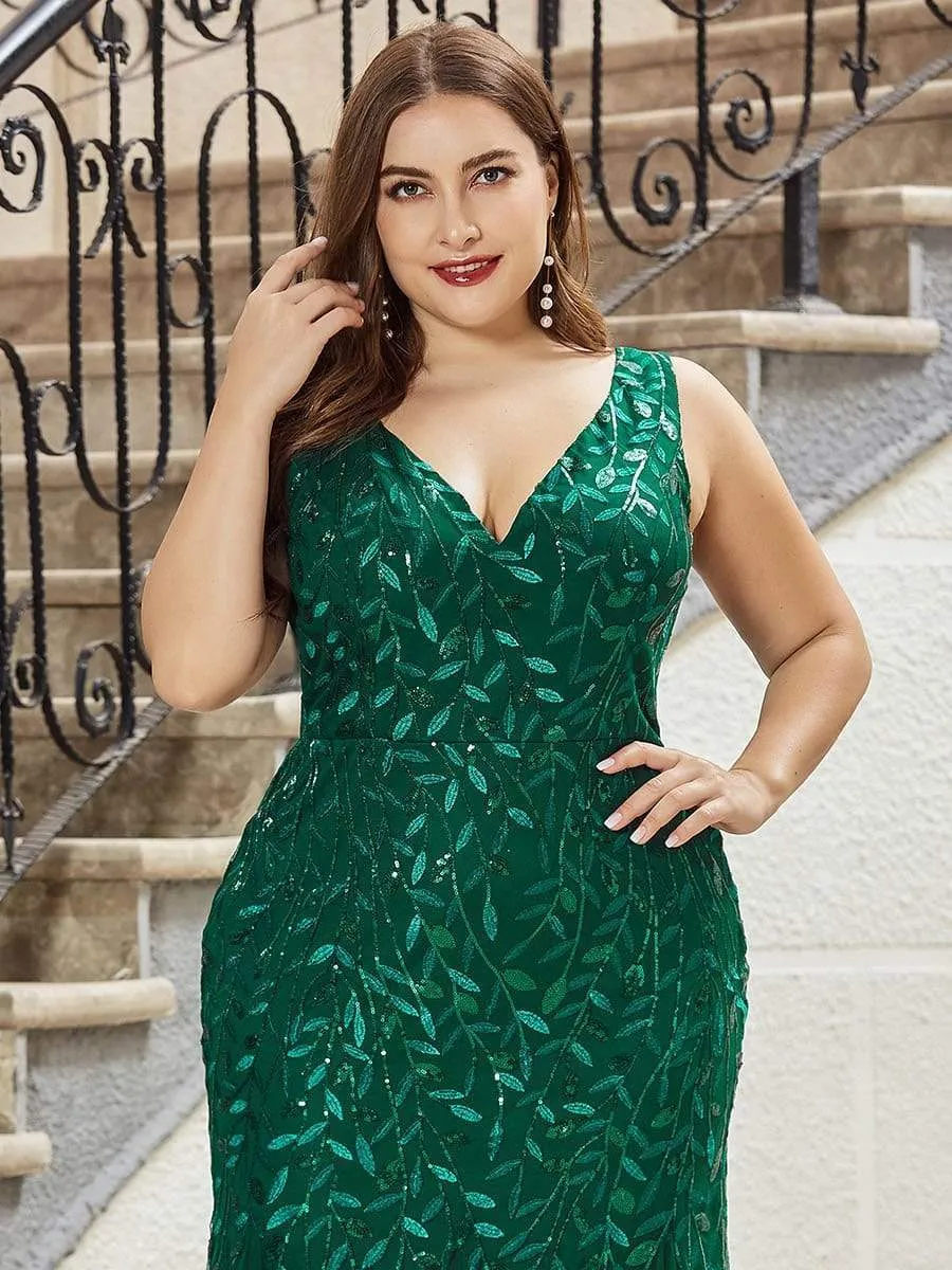 Plus Size Women's Double V-Neck Fishtail Seuqin Evening Dress