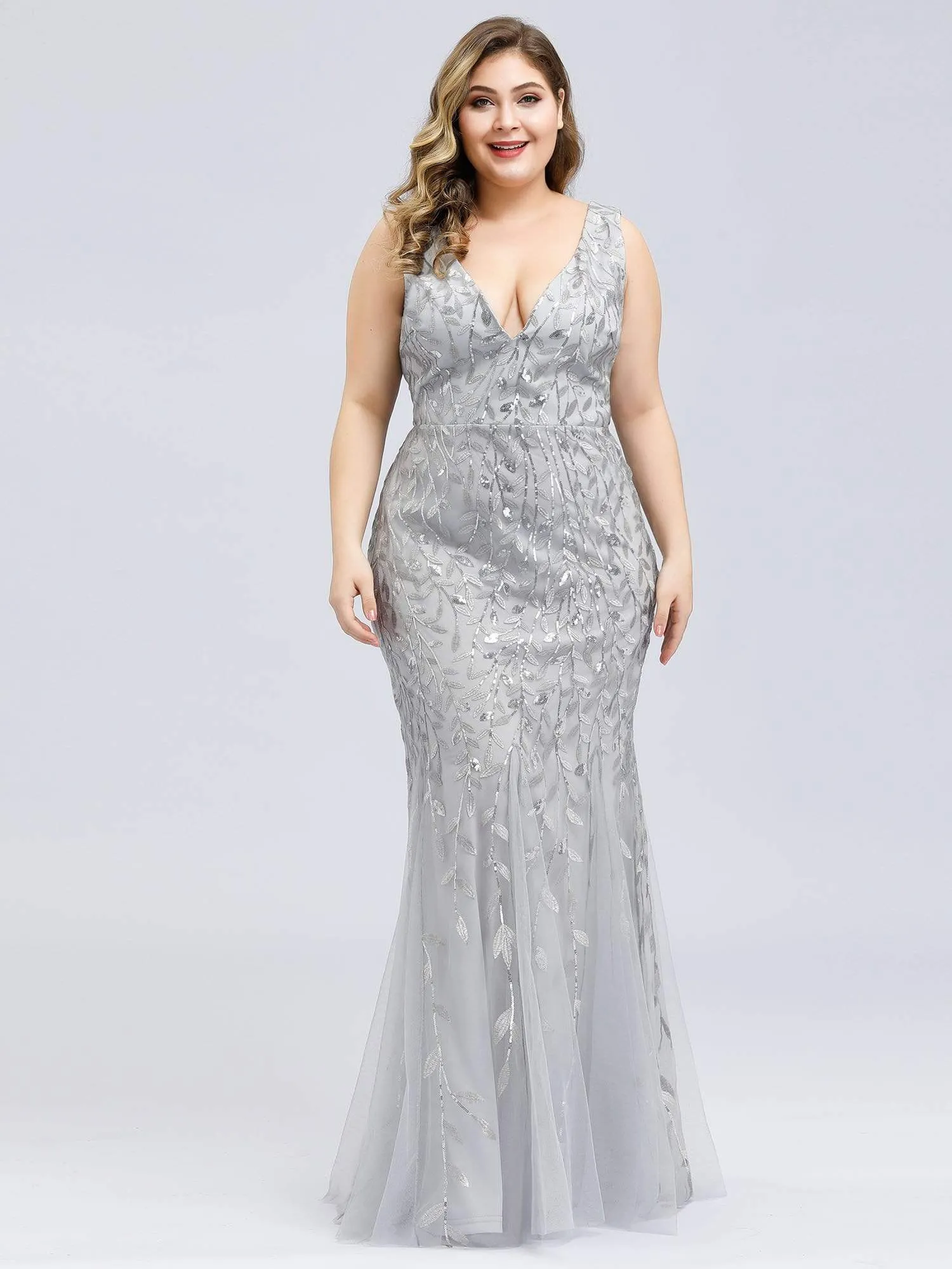 Plus Size Women's Double V-Neck Fishtail Seuqin Evening Dress