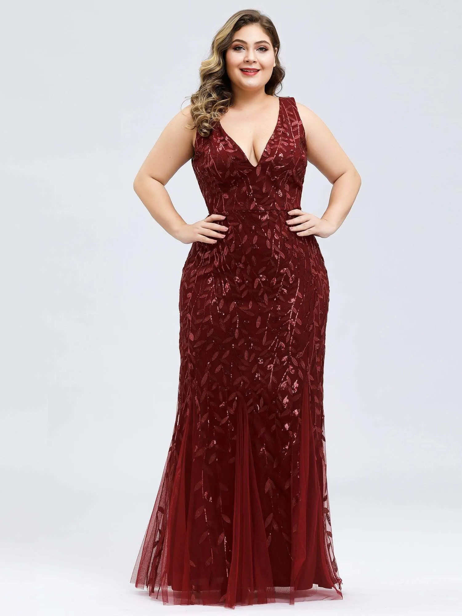 Plus Size Women's Double V-Neck Fishtail Seuqin Evening Dress