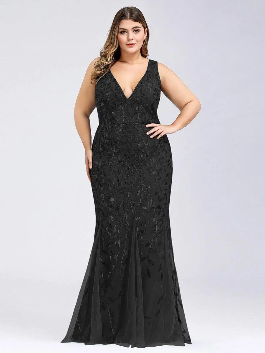 Plus Size Women's Double V-Neck Fishtail Seuqin Evening Dress