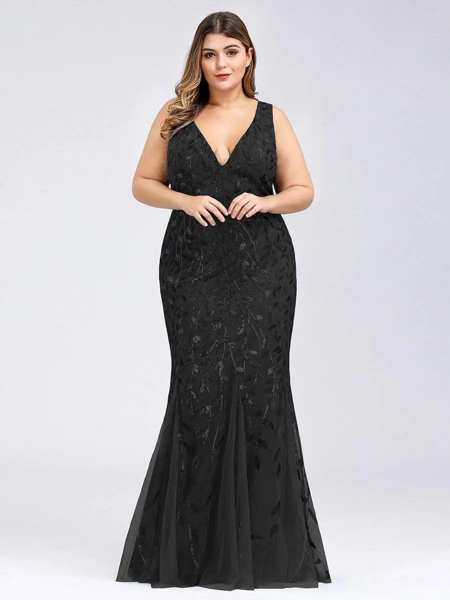 Plus Size Women's Double V-Neck Fishtail Seuqin Evening Dress