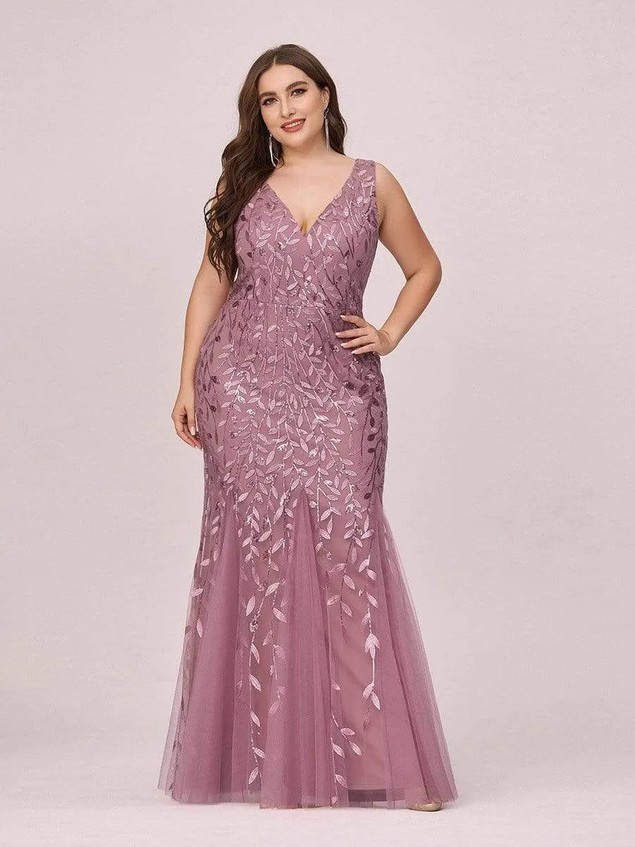 Plus Size Women's Double V-Neck Fishtail Seuqin Evening Dress