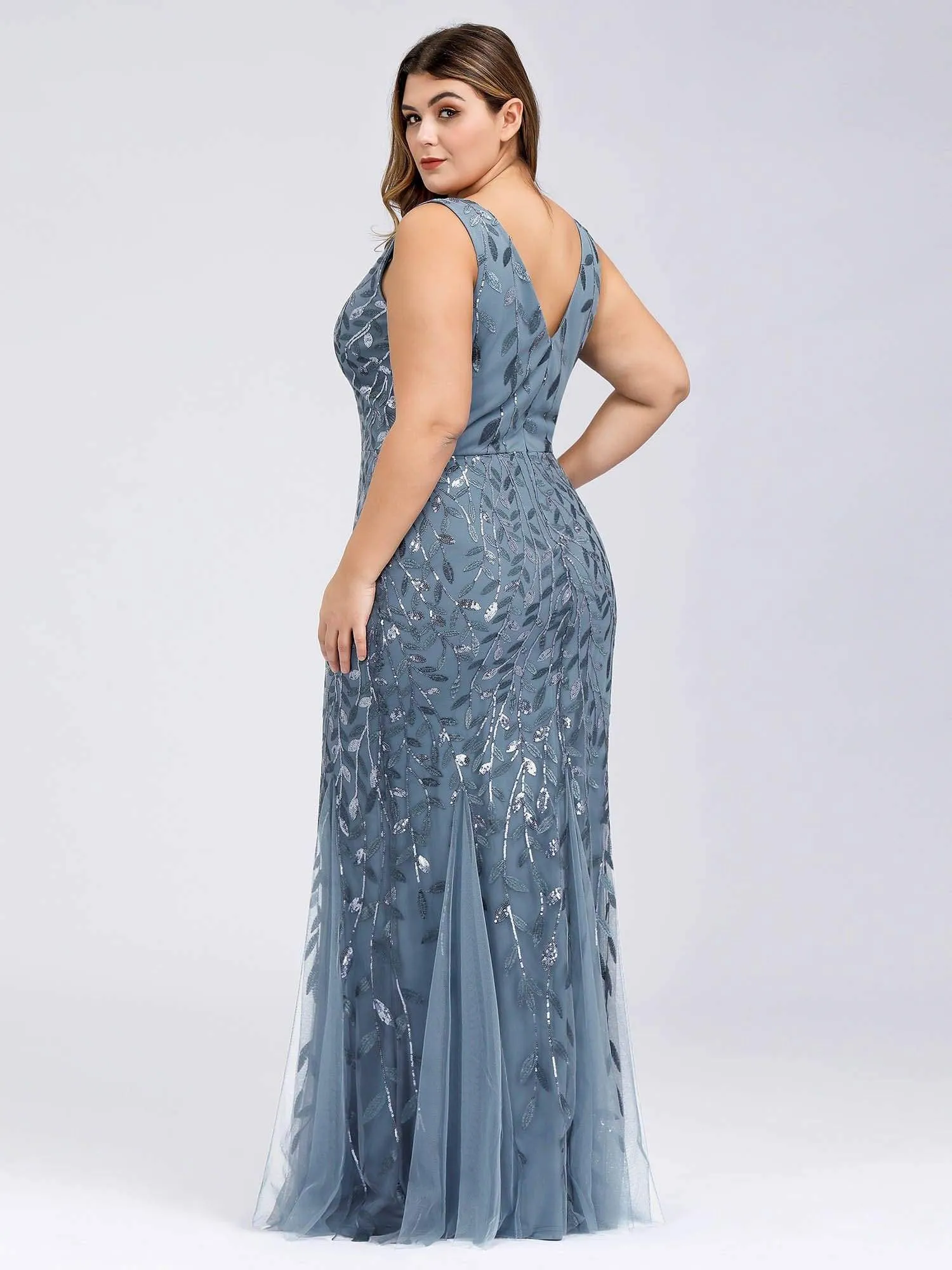 Plus Size Women's Double V-Neck Fishtail Seuqin Evening Dress