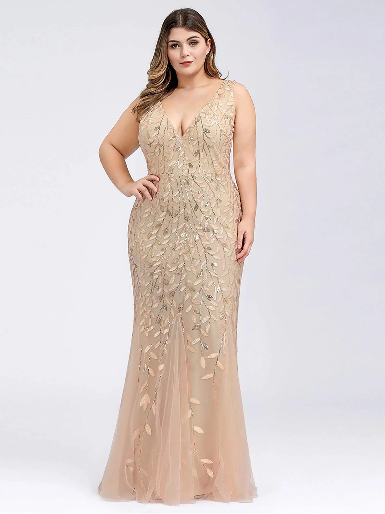 Plus Size Women's Double V-Neck Fishtail Seuqin Evening Dress