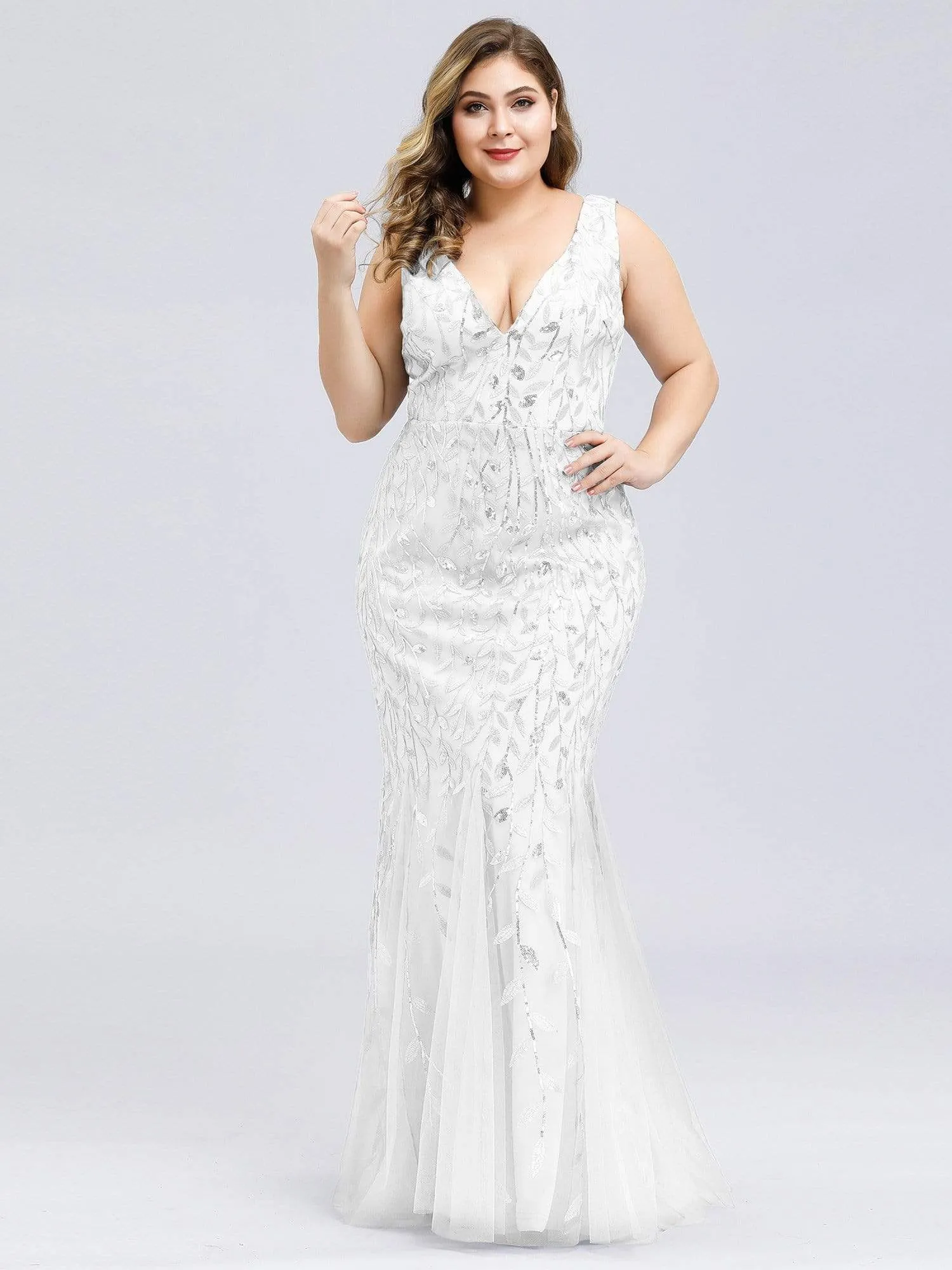 Plus Size Women's Double V-Neck Fishtail Seuqin Evening Dress