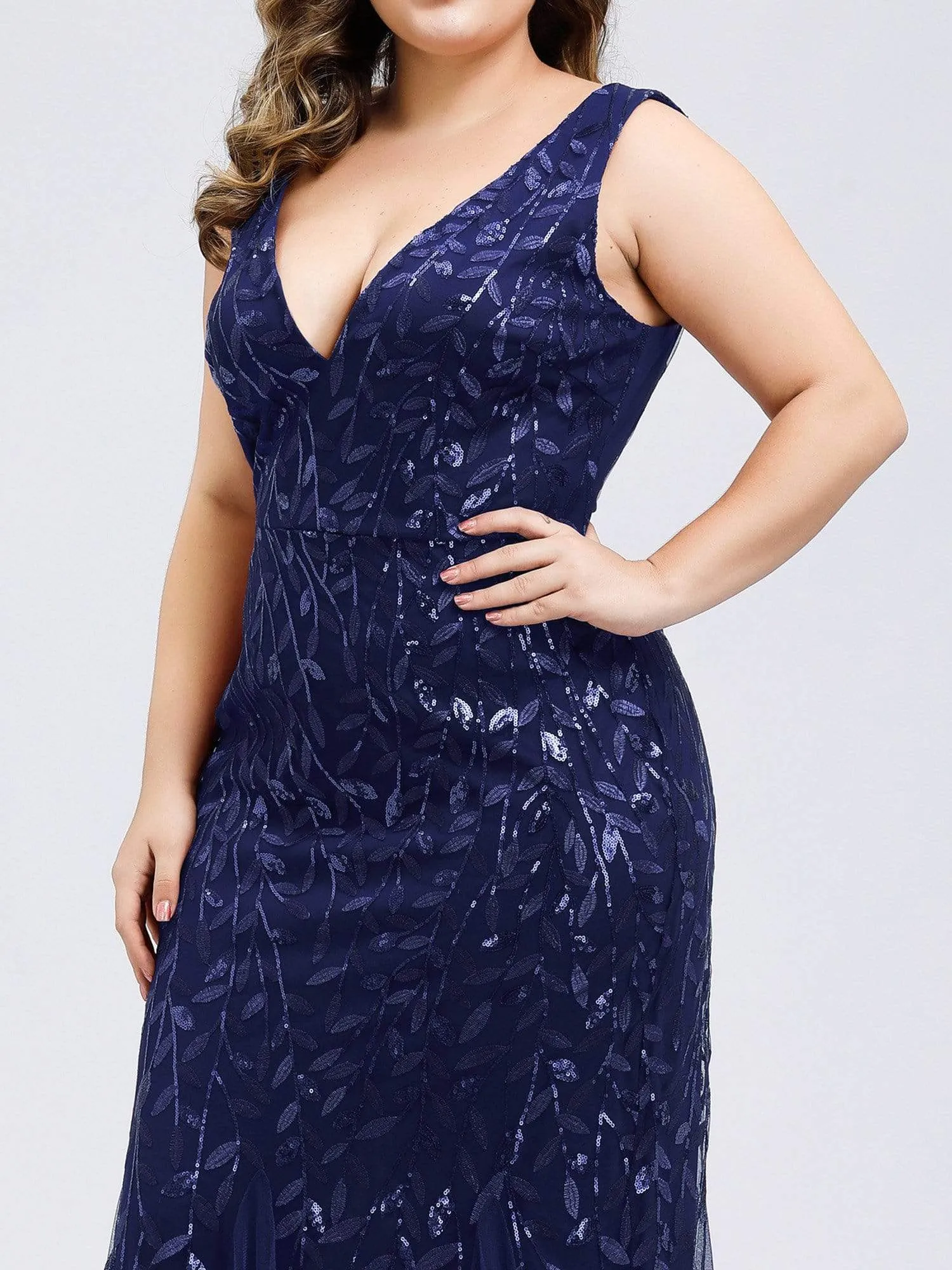 Plus Size Women's Double V-Neck Fishtail Seuqin Evening Dress