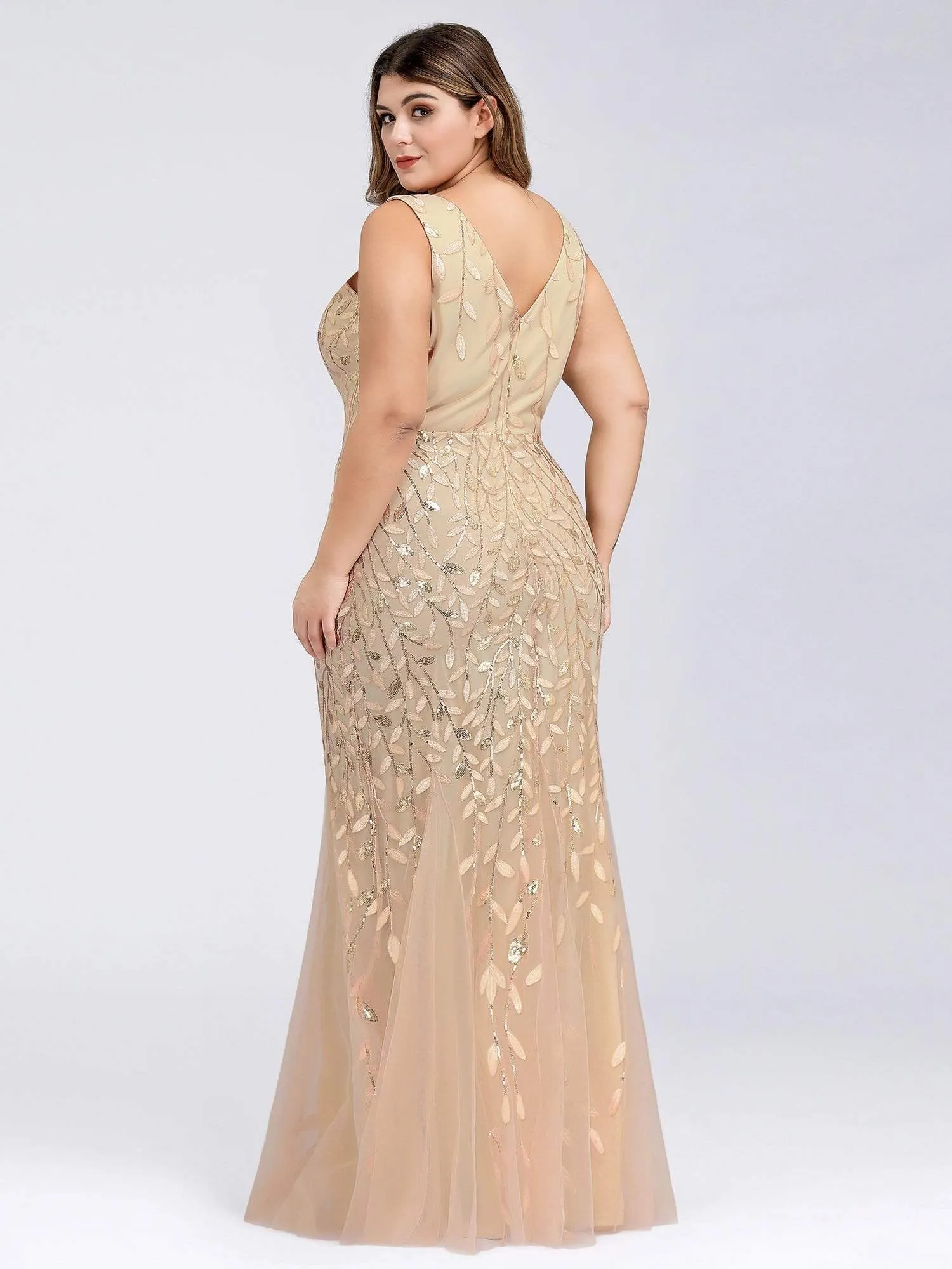 Plus Size Women's Double V-Neck Fishtail Seuqin Evening Dress