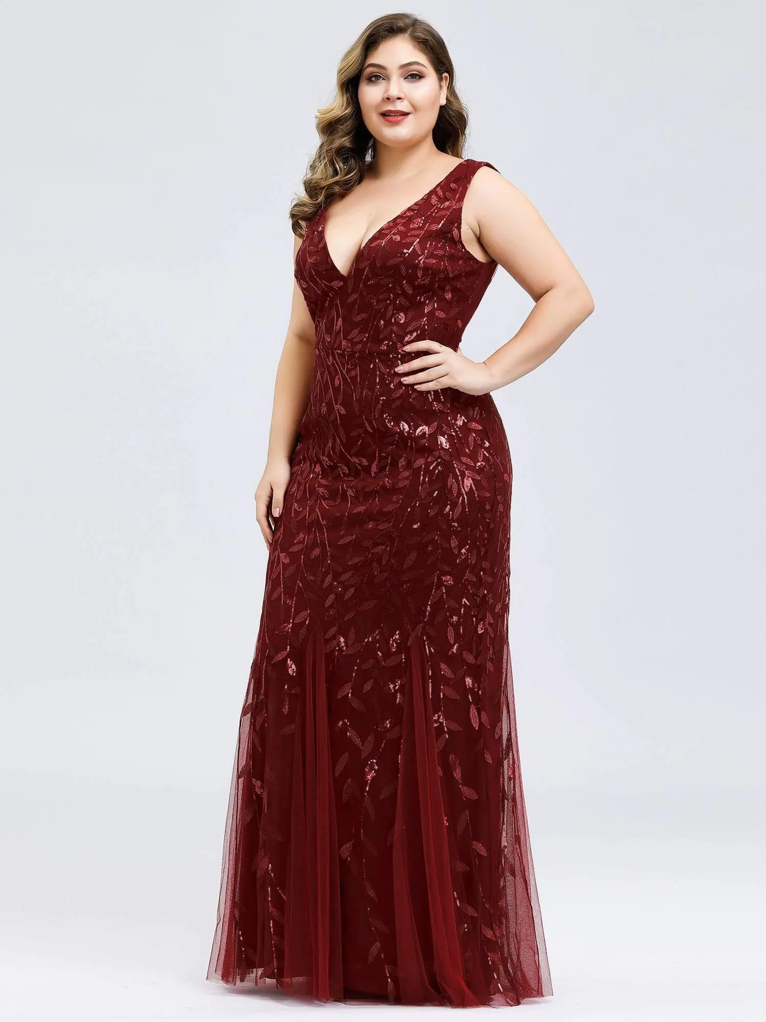 Plus Size Women's Double V-Neck Fishtail Seuqin Evening Dress