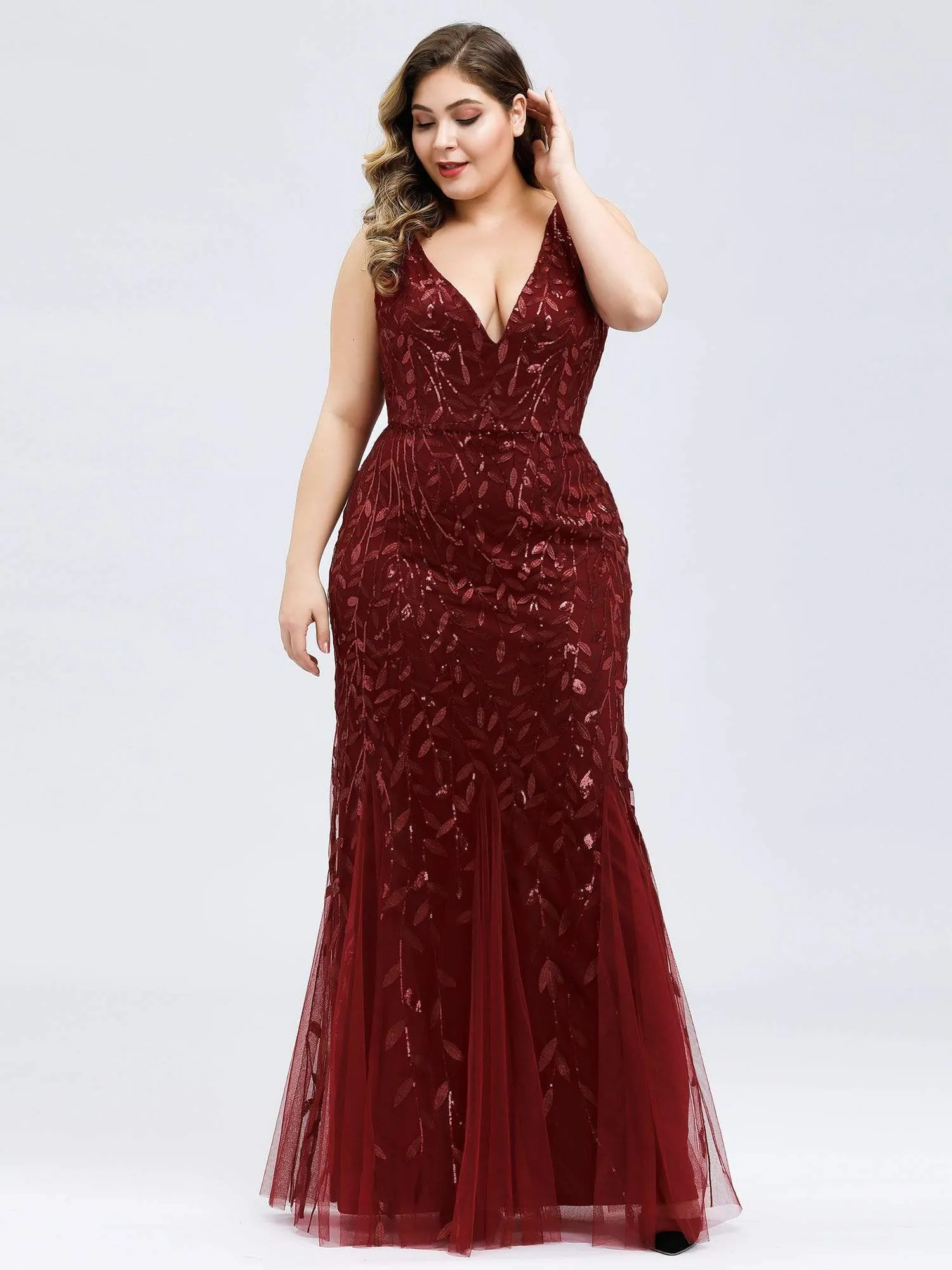 Plus Size Women's Double V-Neck Fishtail Seuqin Evening Dress