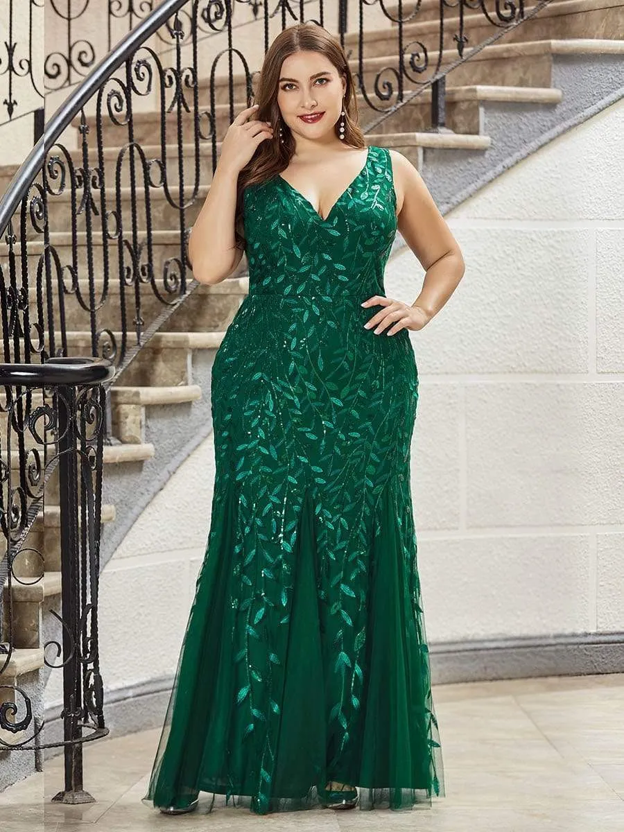 Plus Size Women's Double V-Neck Fishtail Seuqin Evening Dress