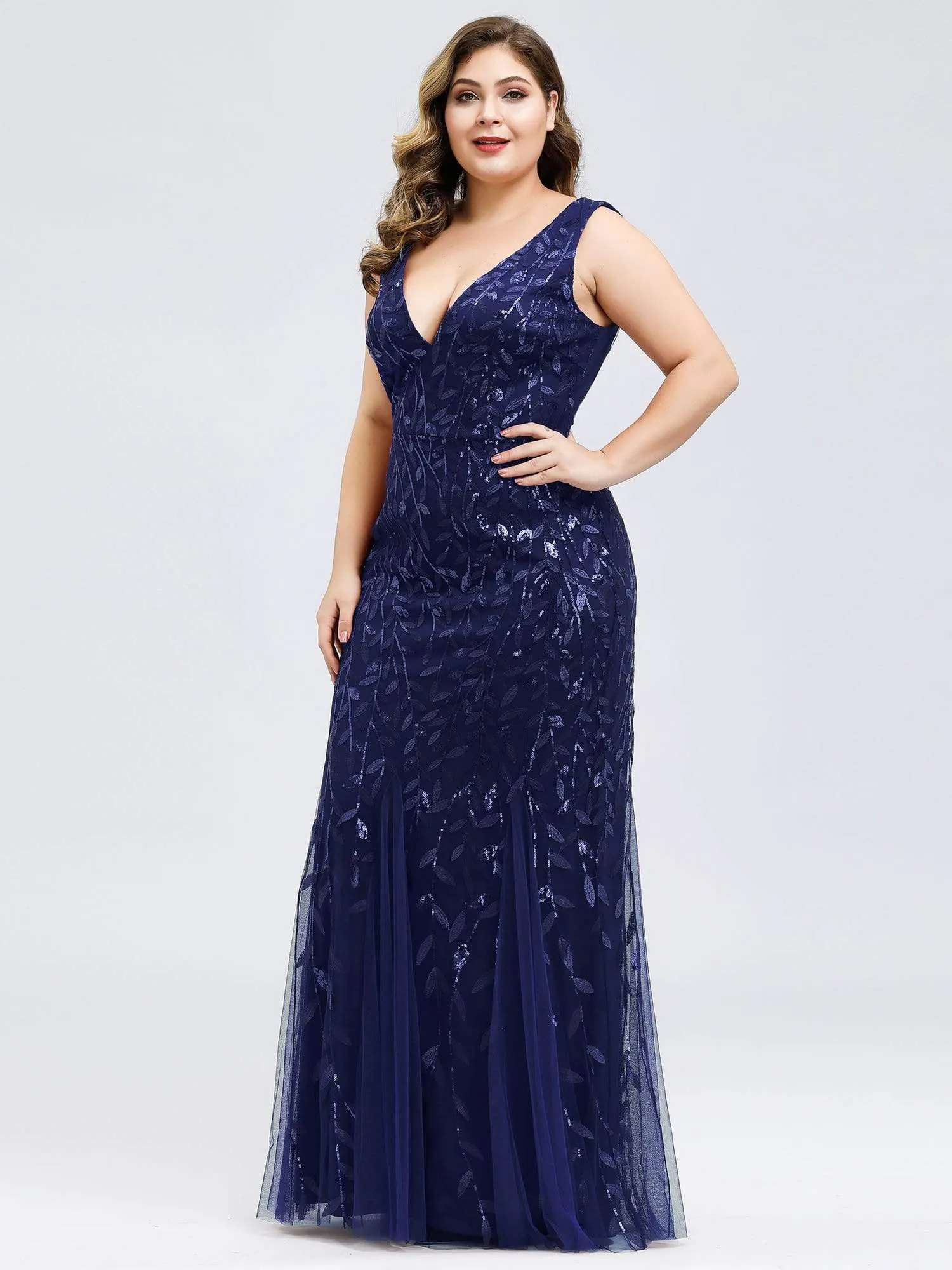 Plus Size Women's Double V-Neck Fishtail Seuqin Evening Dress