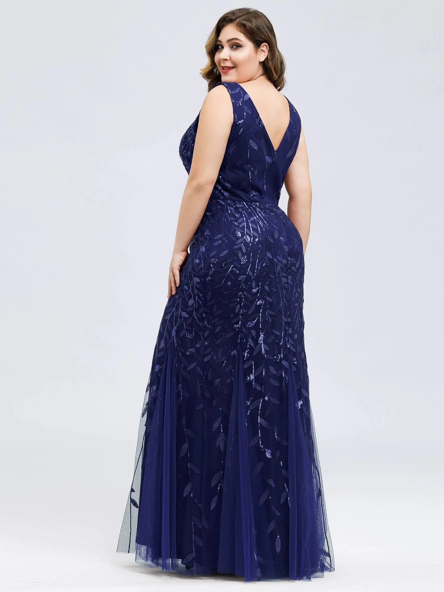 Plus Size Women's Double V-Neck Fishtail Seuqin Evening Dress