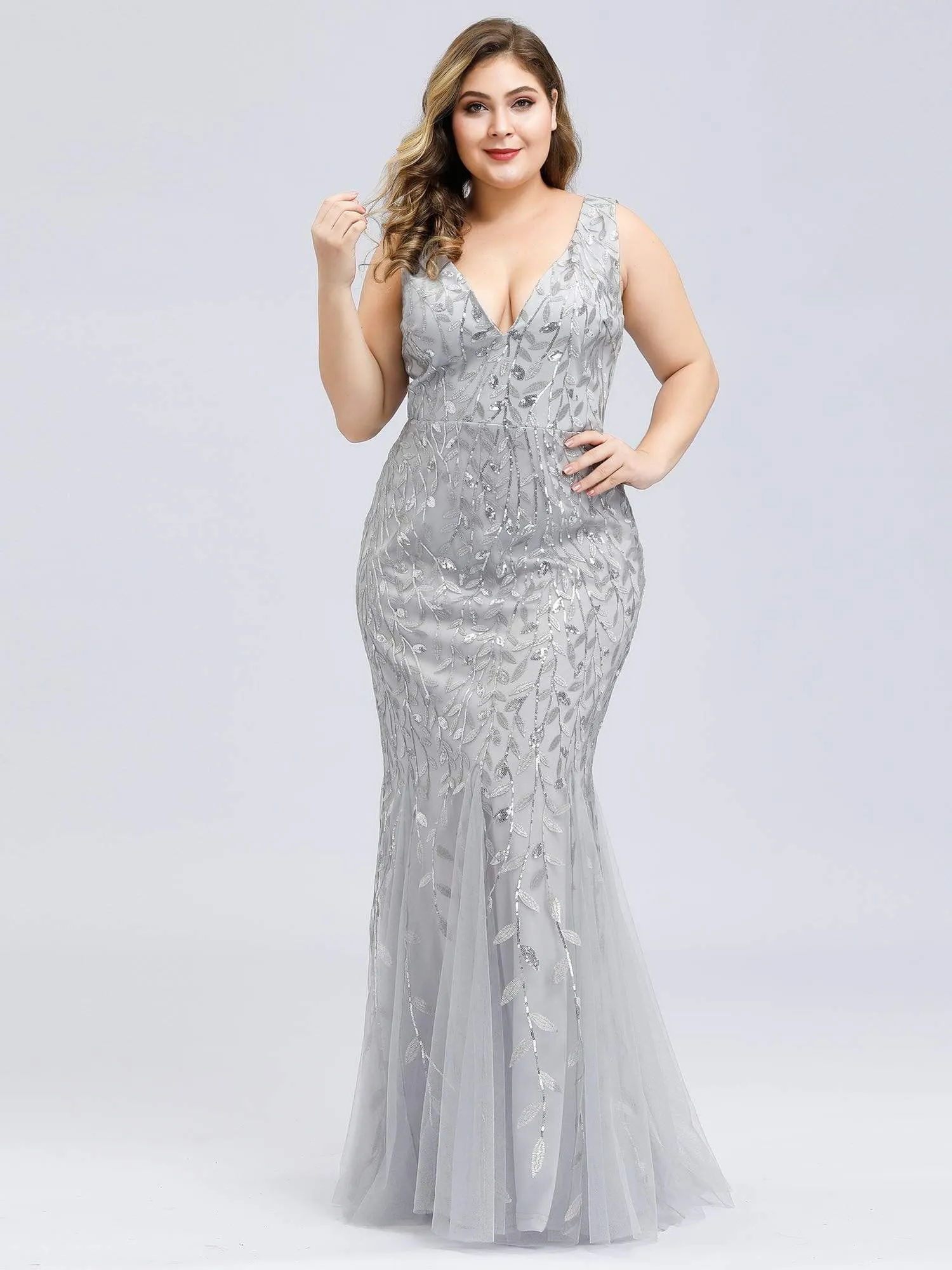 Plus Size Women's Double V-Neck Fishtail Seuqin Evening Dress